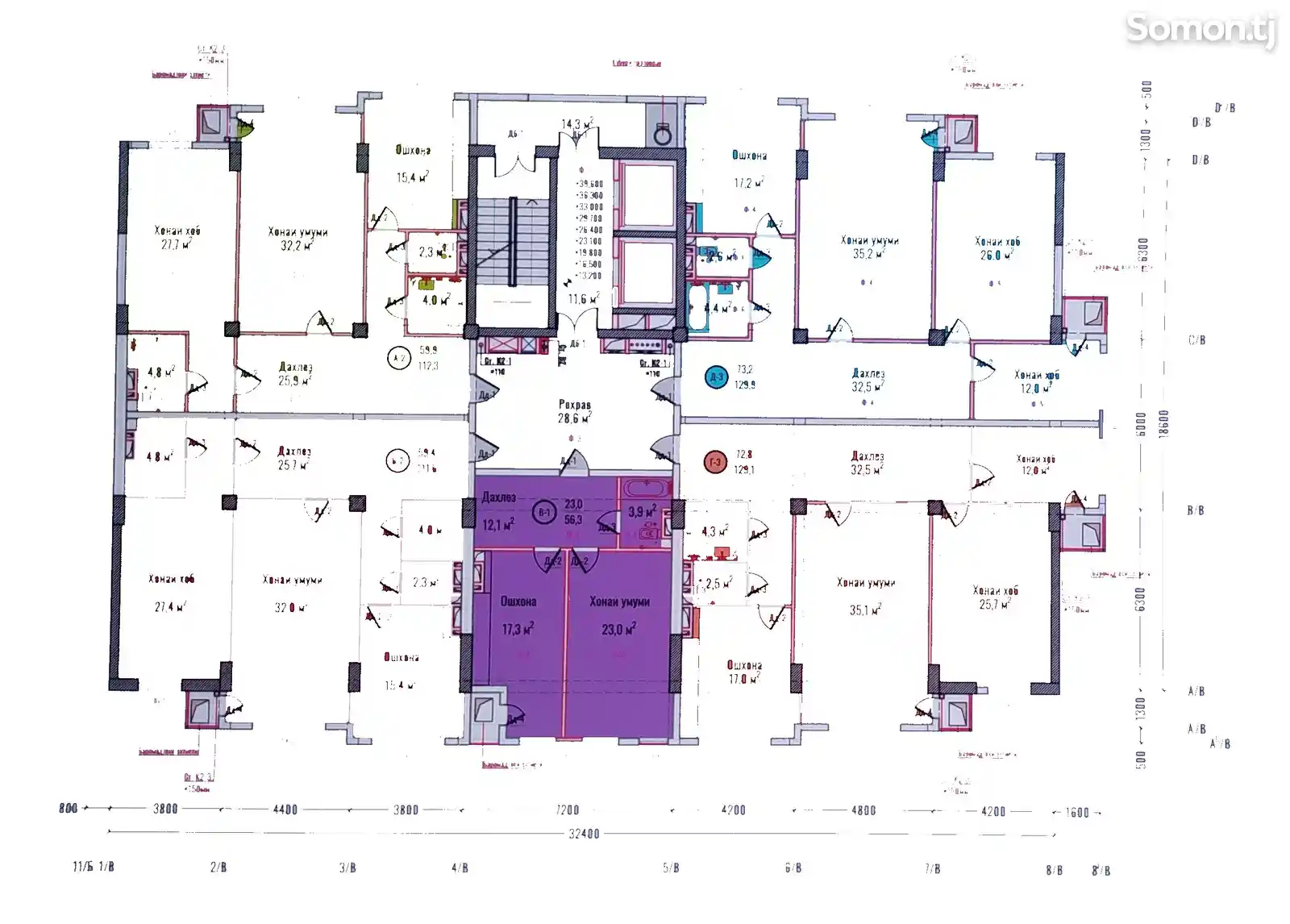 1-комн. квартира, 9 этаж, 57 м², Сомони-2