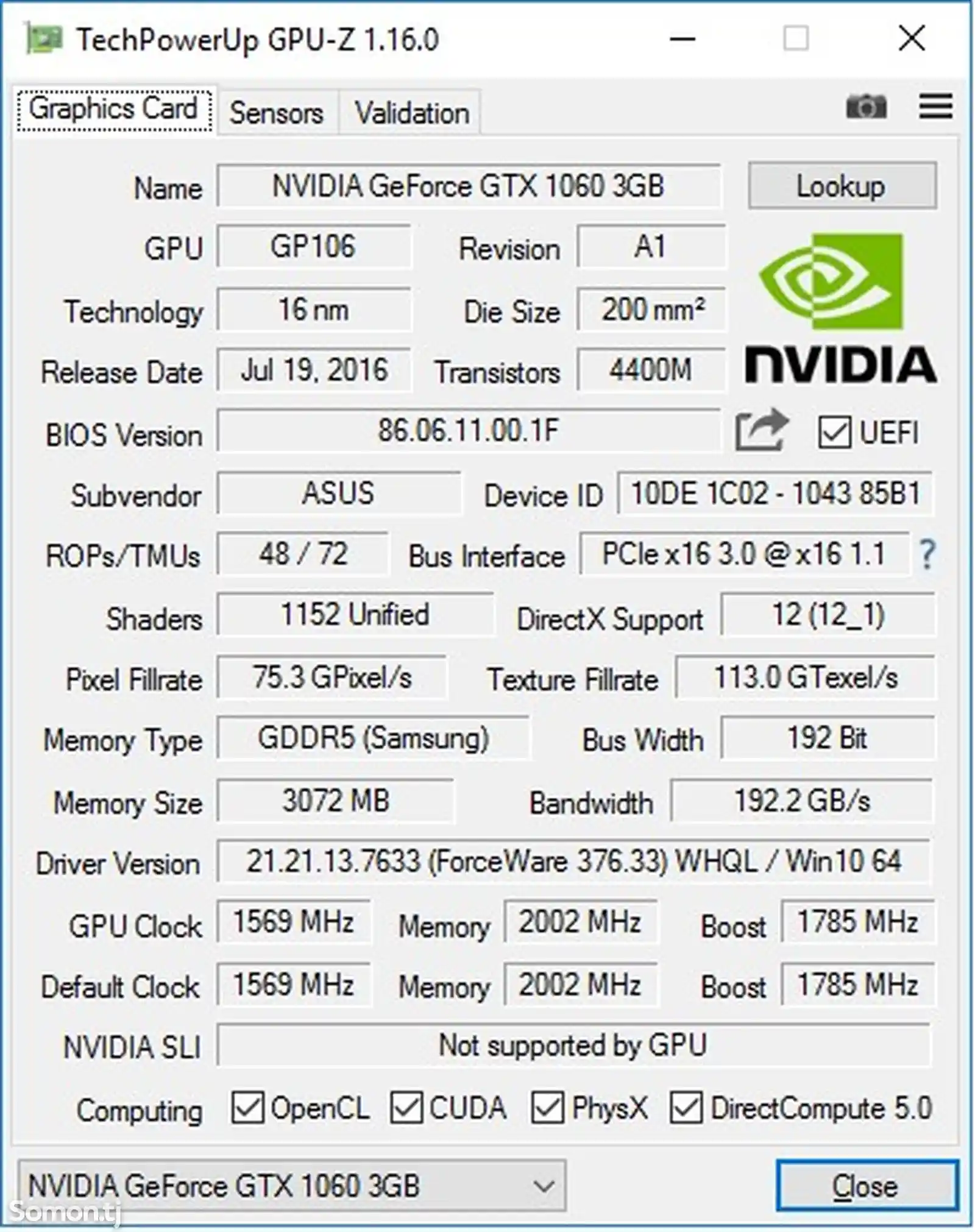 Видеокарта GeForce GTX 1060 3gb Asus / GDDR 5 / 192BIT /-5