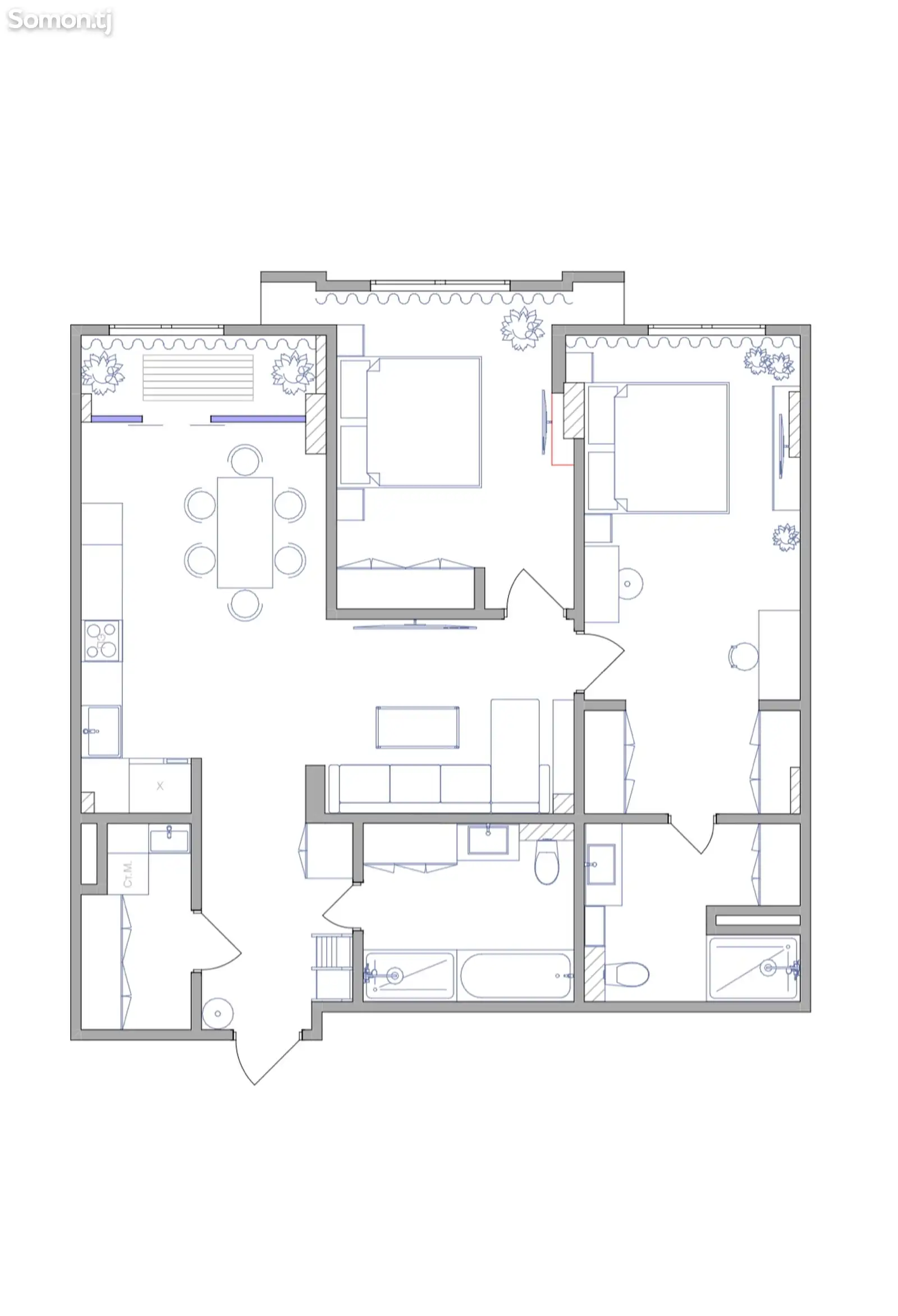 3-комн. квартира, 5 этаж, 99 м², Улица Карамова 13, Северная, Района Исмоили Сомони-7