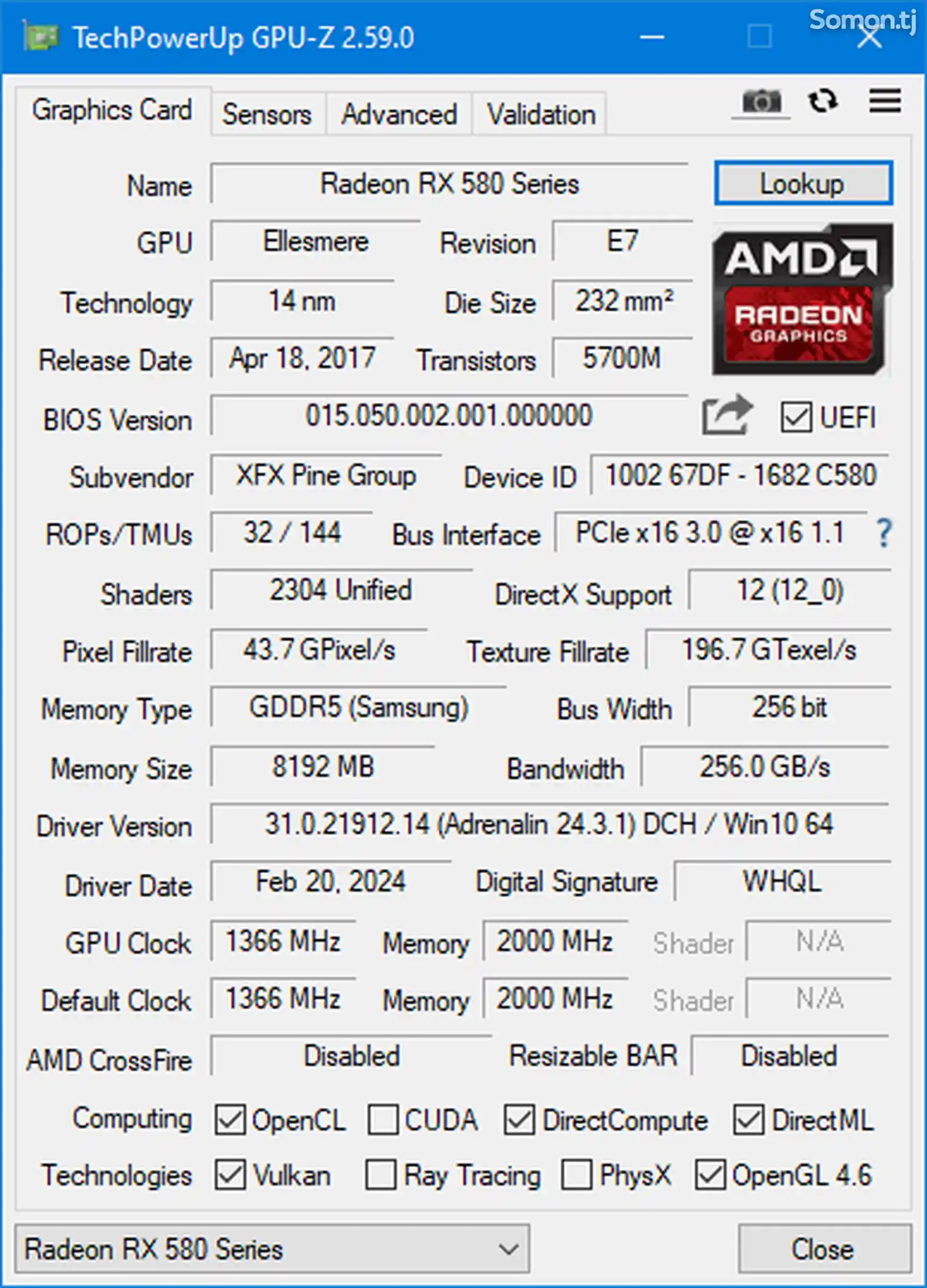 Видеокарта AMD RX 580 - 8 GB GDDR5 - XFX Series-3