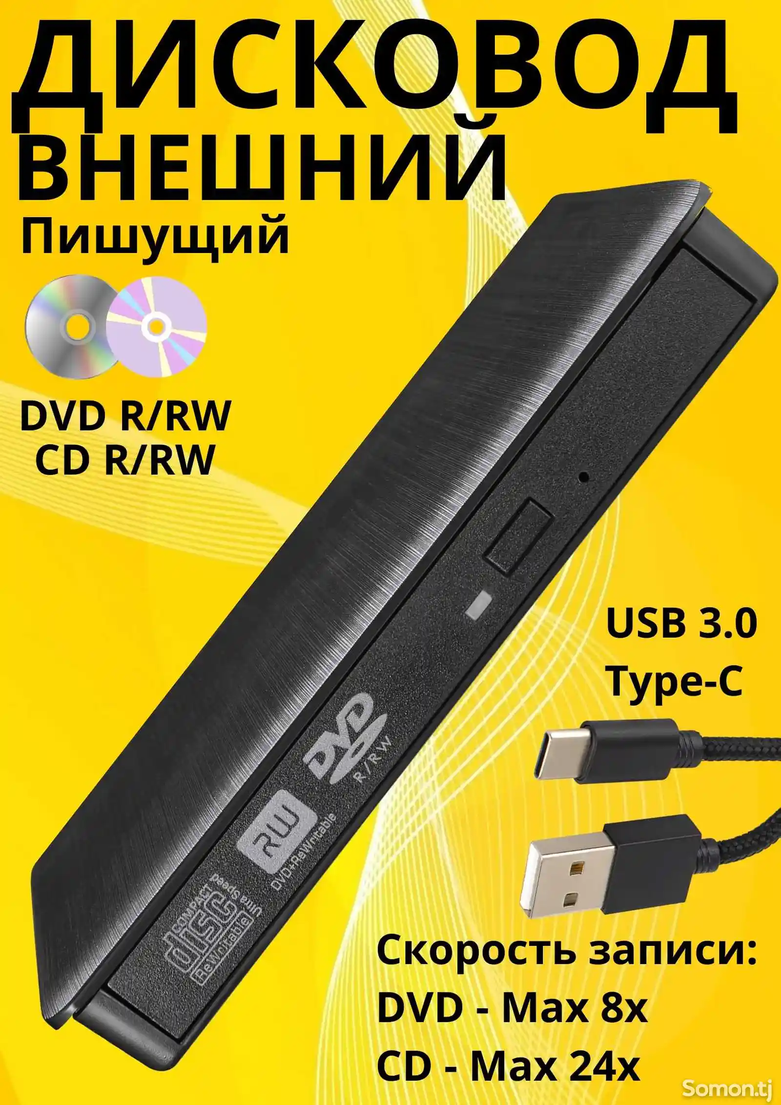 Внешний дисковод DVD-RW оптический привод USB 3.0 и type-c для ноутбука и ПК-1