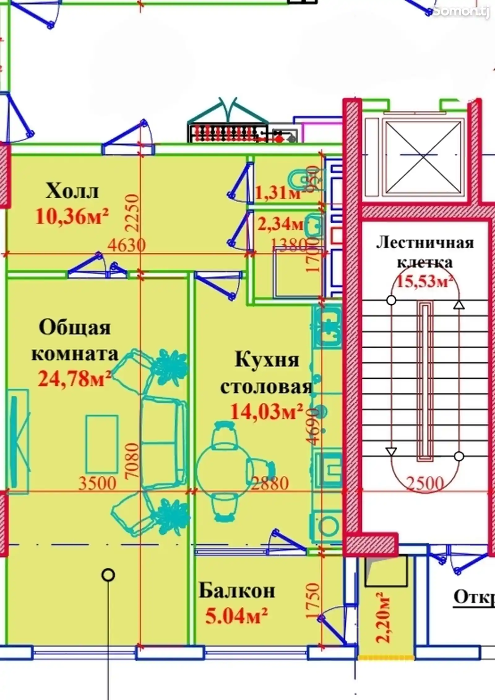 1-комн. квартира, 6 этаж, 60 м², Сино-6