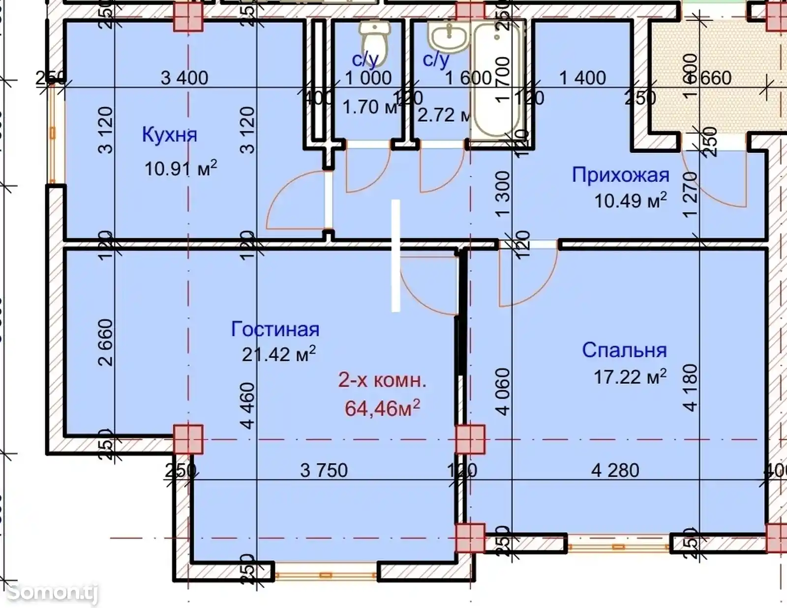 2-комн. квартира, 6 этаж, 65 м², Нихи