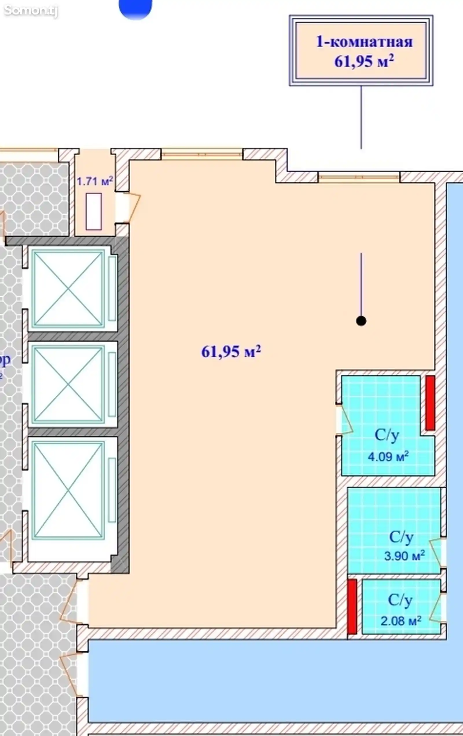 1-комн. квартира, 9 этаж, 62 м², Аэропорт-3