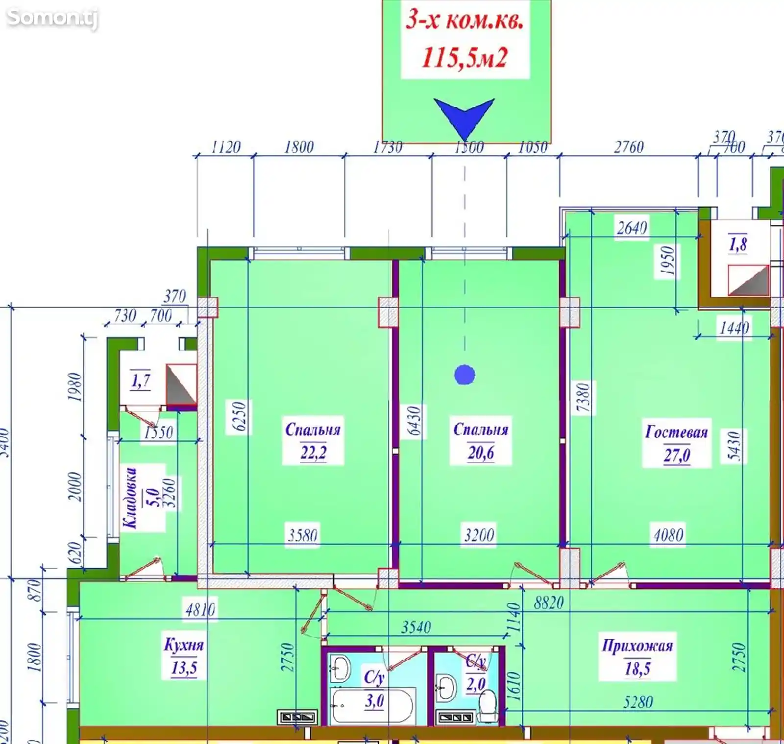 3-комн. квартира, 2 этаж, 115 м², Исмоили Сомони-1