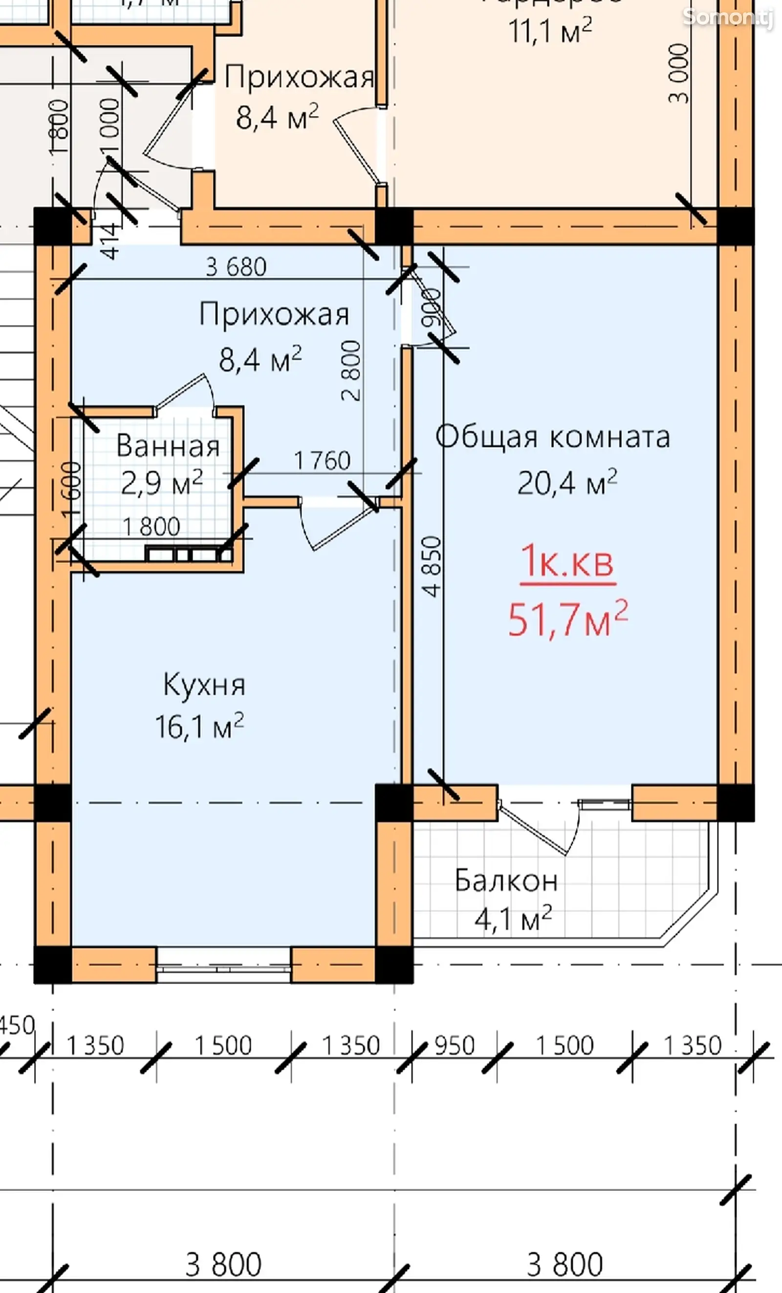 1-комн. квартира, 2 этаж, 52 м², 30 мкр-15