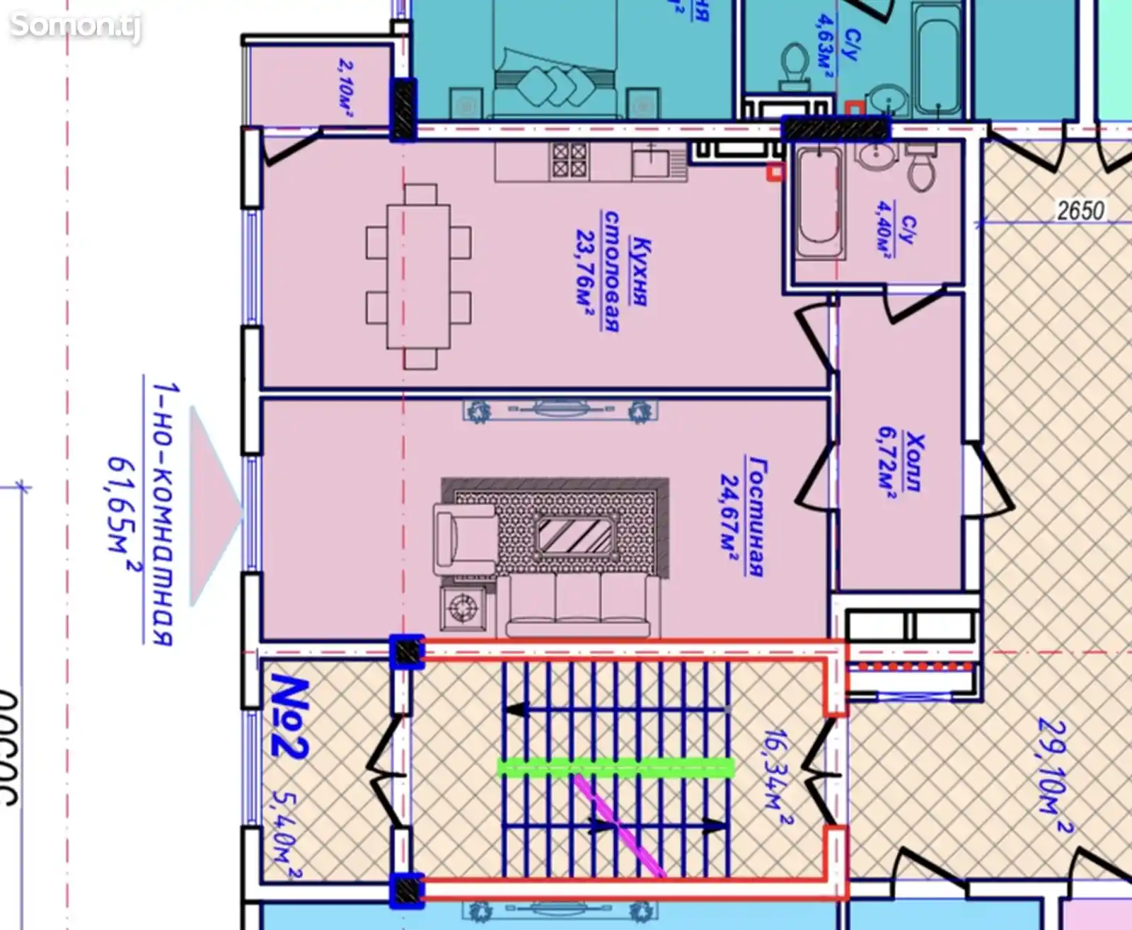 2-комн. квартира, 2 этаж, 62 м², 33 мкр-11