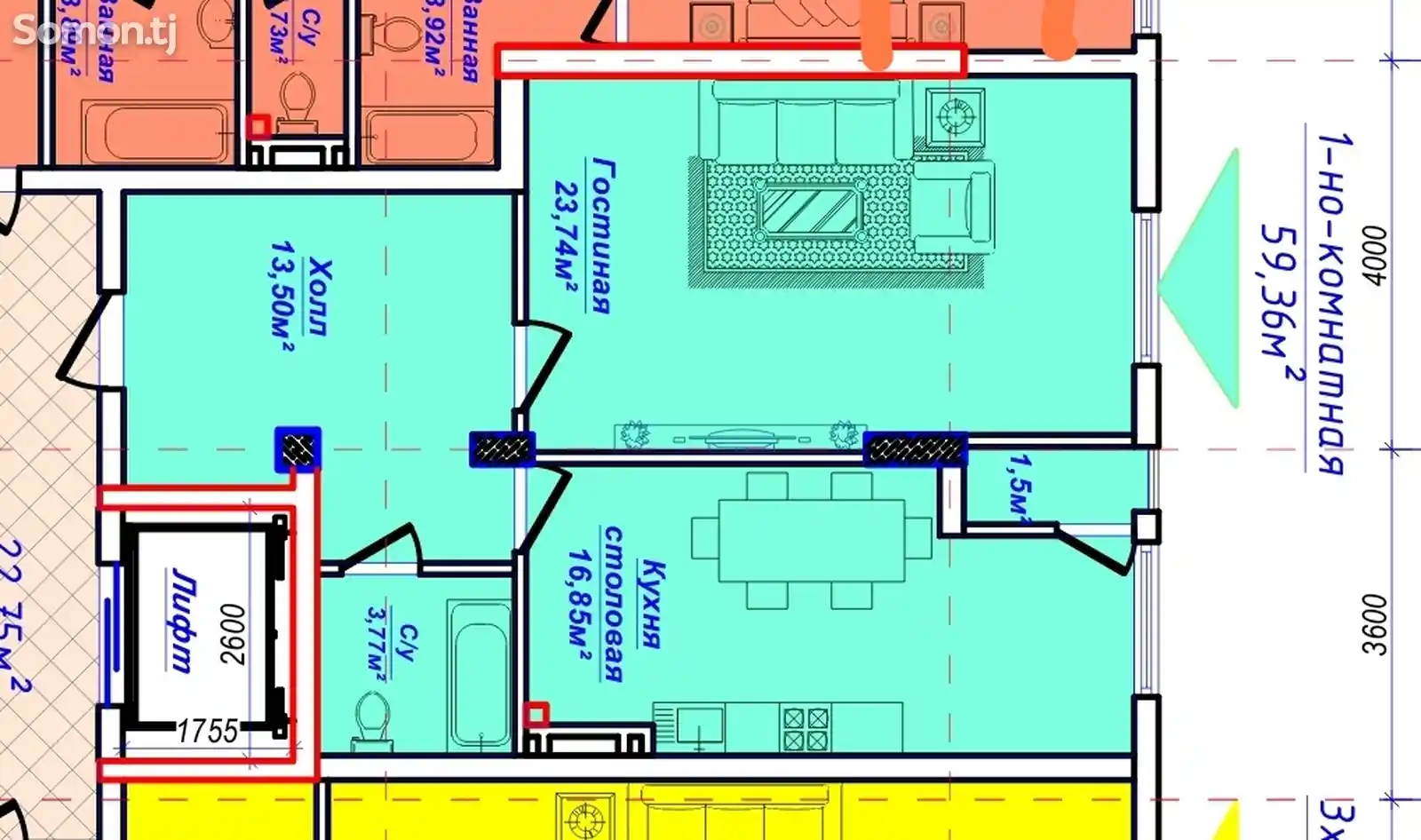 2-комн. квартира, 1 этаж, 59 м², Сино, 33 мкр, мебель Орзу-2