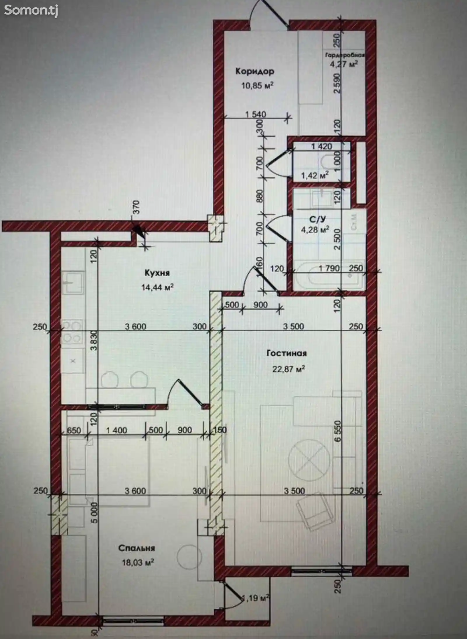 1-комн. квартира, 17 этаж, 78 м², Шохмансур-5