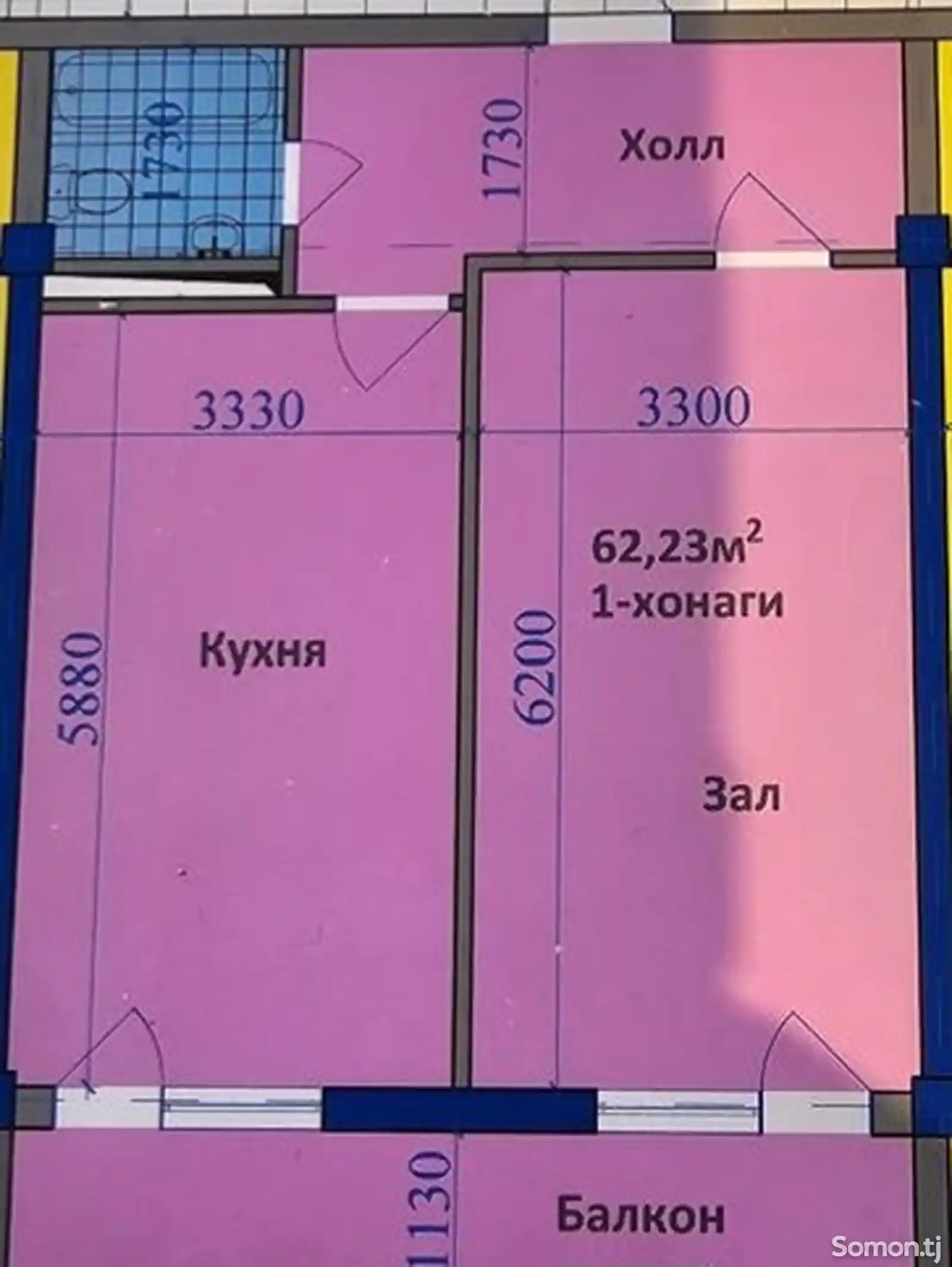 1-комн. квартира, 6 этаж, 65 м², Шохмансур-3