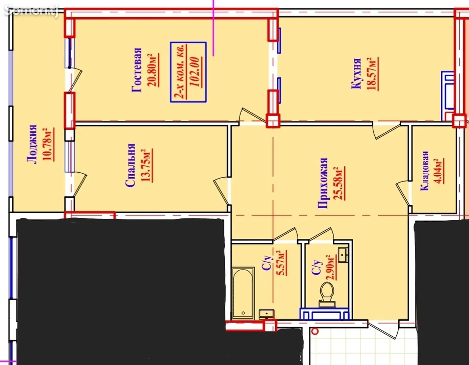 2-комн. квартира, 11 этаж, 102 м², сино