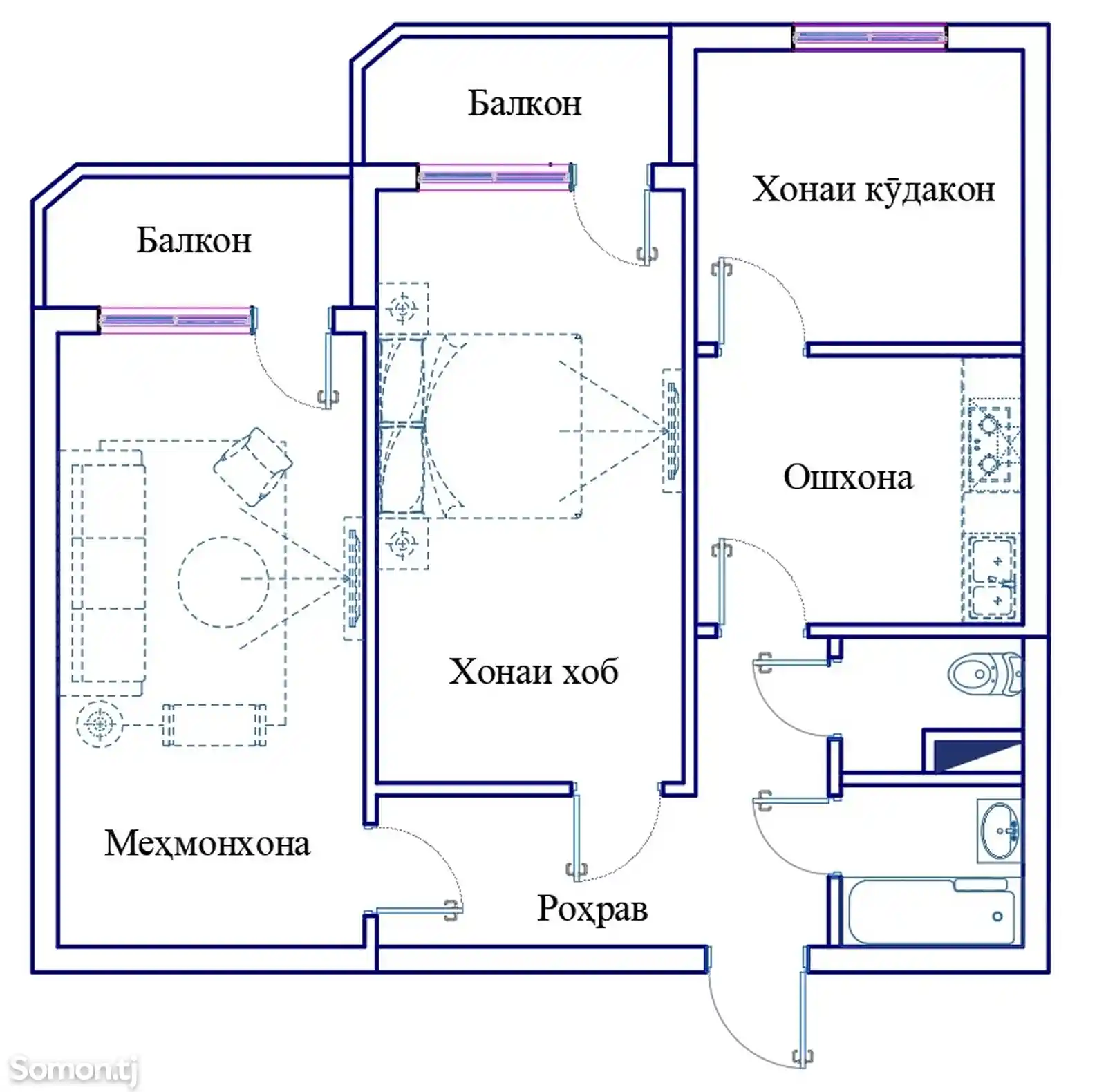 3-комн. квартира, 3 этаж, 71 м²,  Шохмансур-2