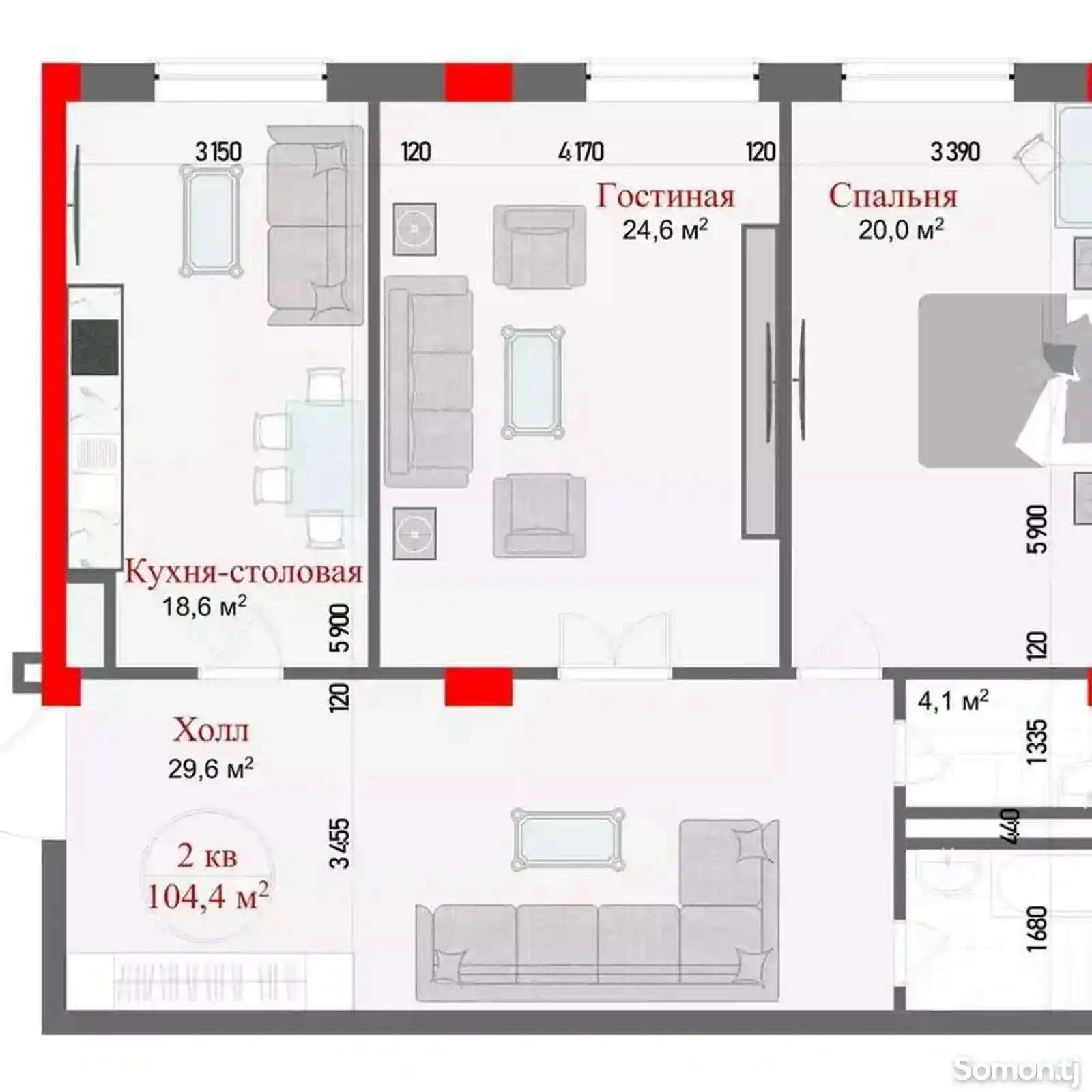 2-комн. квартира, 7 этаж, 105 м², Сомони-2