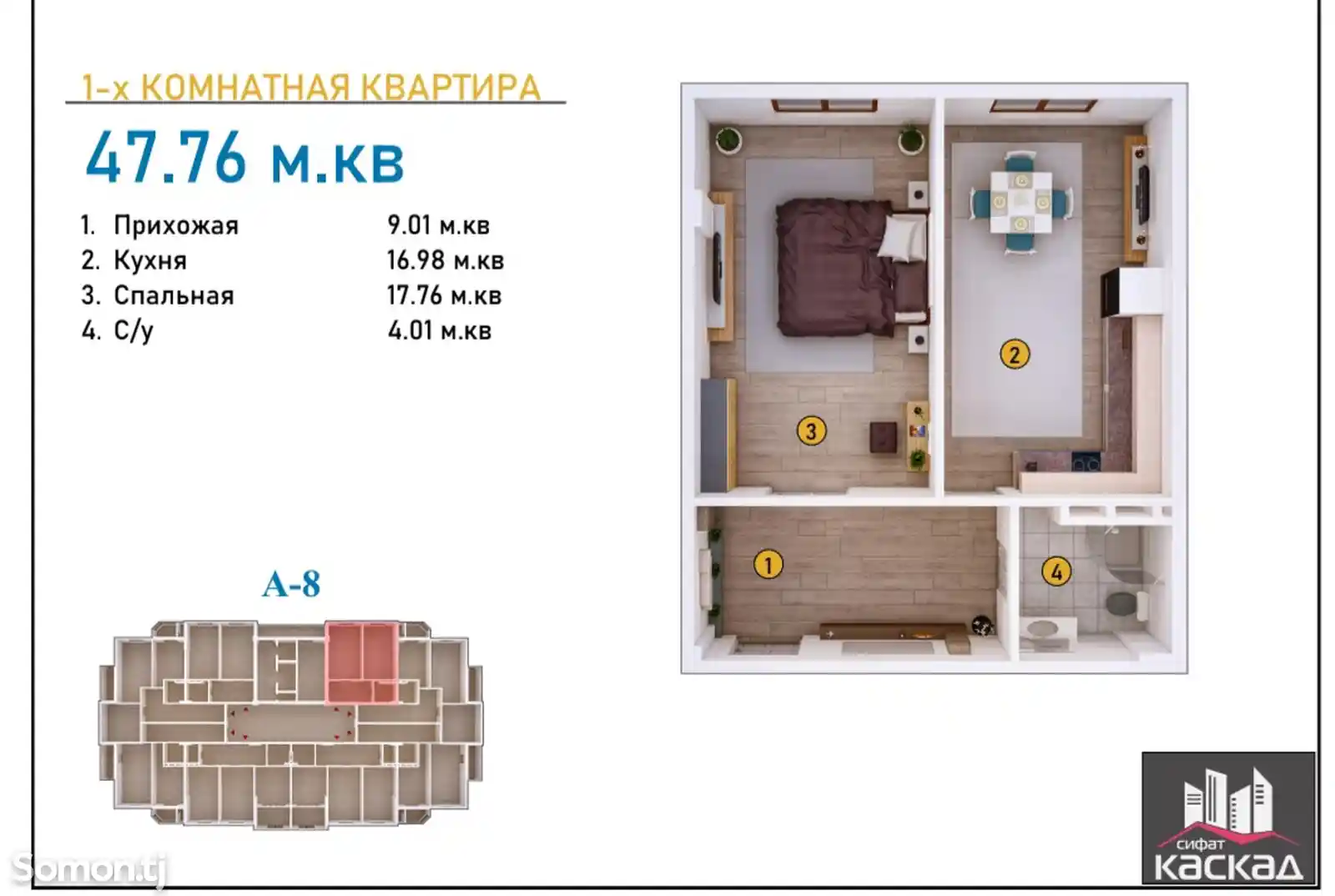 1-комн. квартира, 2 этаж, 48 м², 32 мкр-3