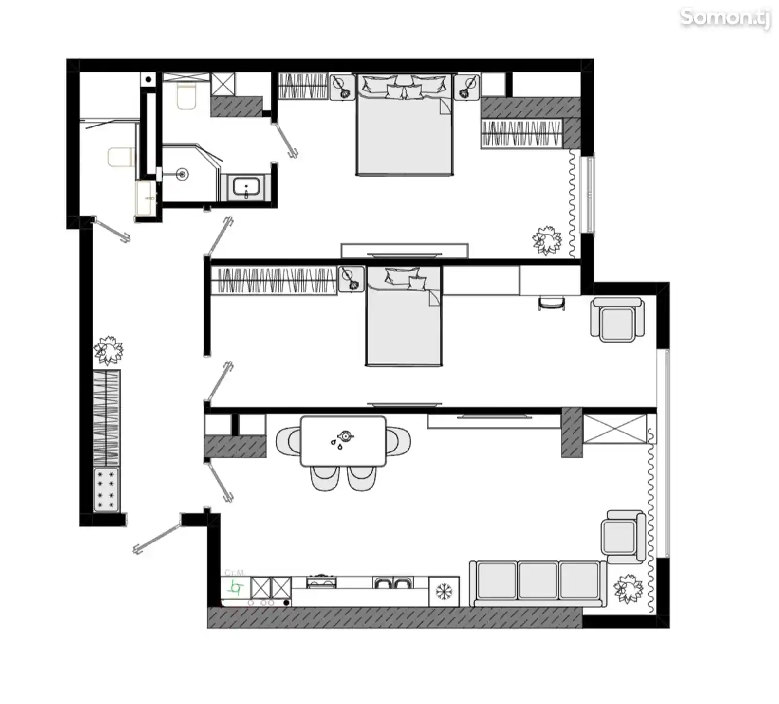 2-комн. квартира, 14 этаж, 103 м², Сомони-2