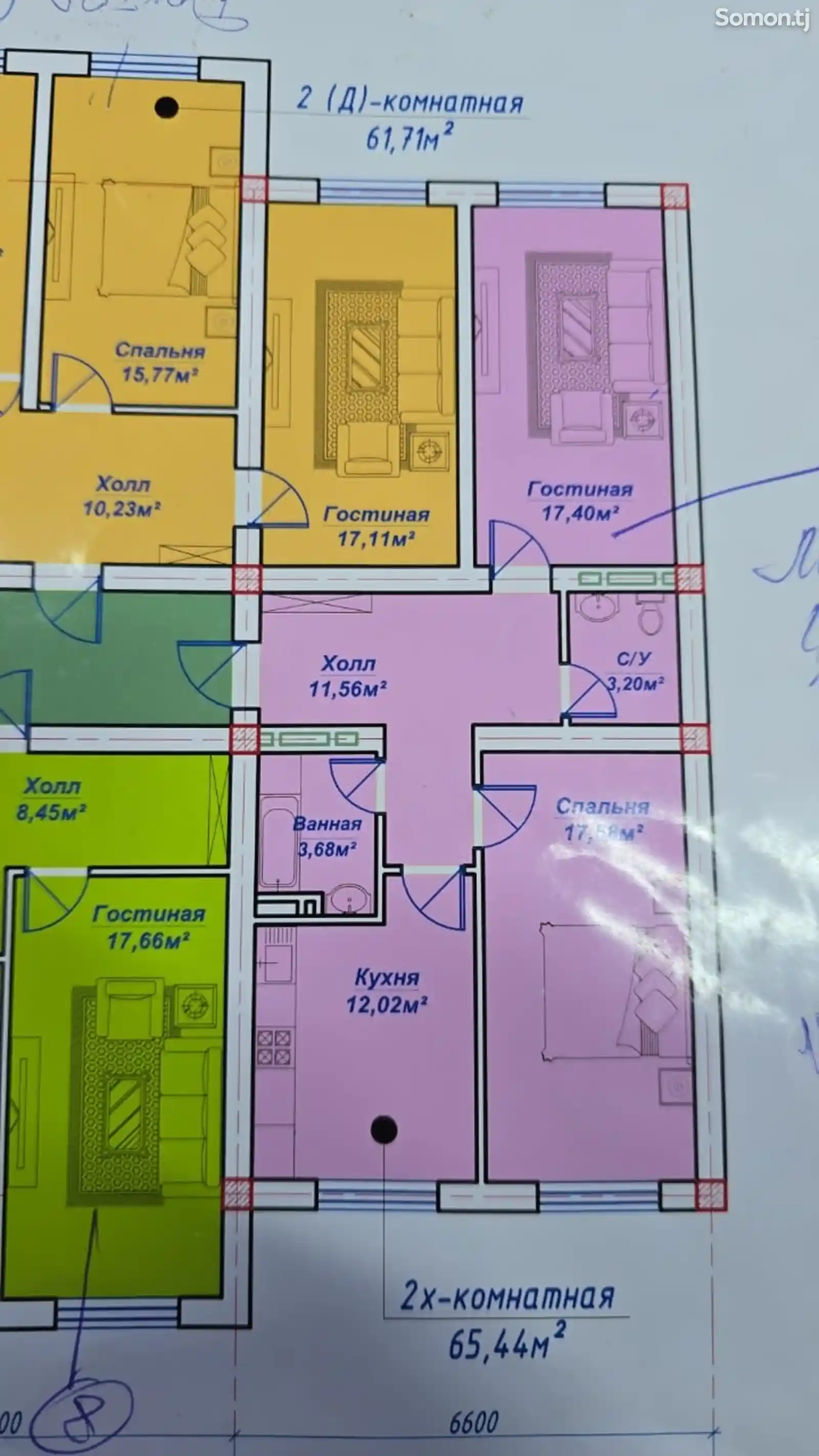 2-комн. квартира, 5 этаж, 66 м², к. Хуросон-4