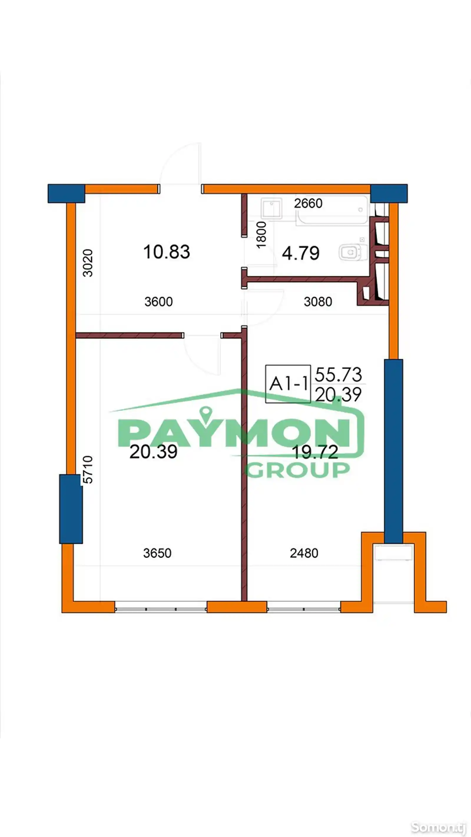 1-комн. квартира, 6 этаж, 55 м², Улица Шохтемур, Сараёсати консули-14