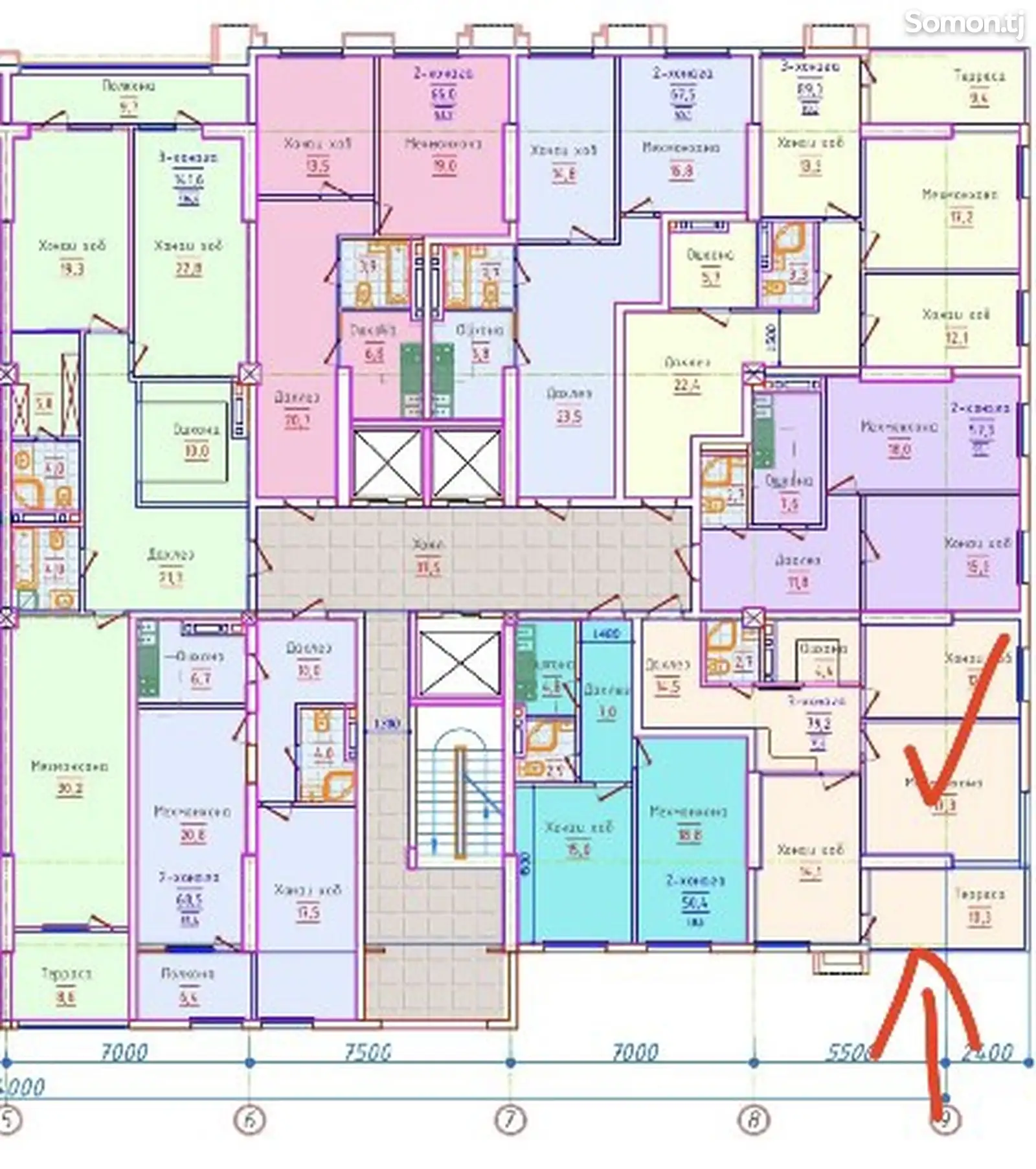 3-комн. квартира, 7 этаж, 76 м², Сино, Сирки Давлатӣ-2