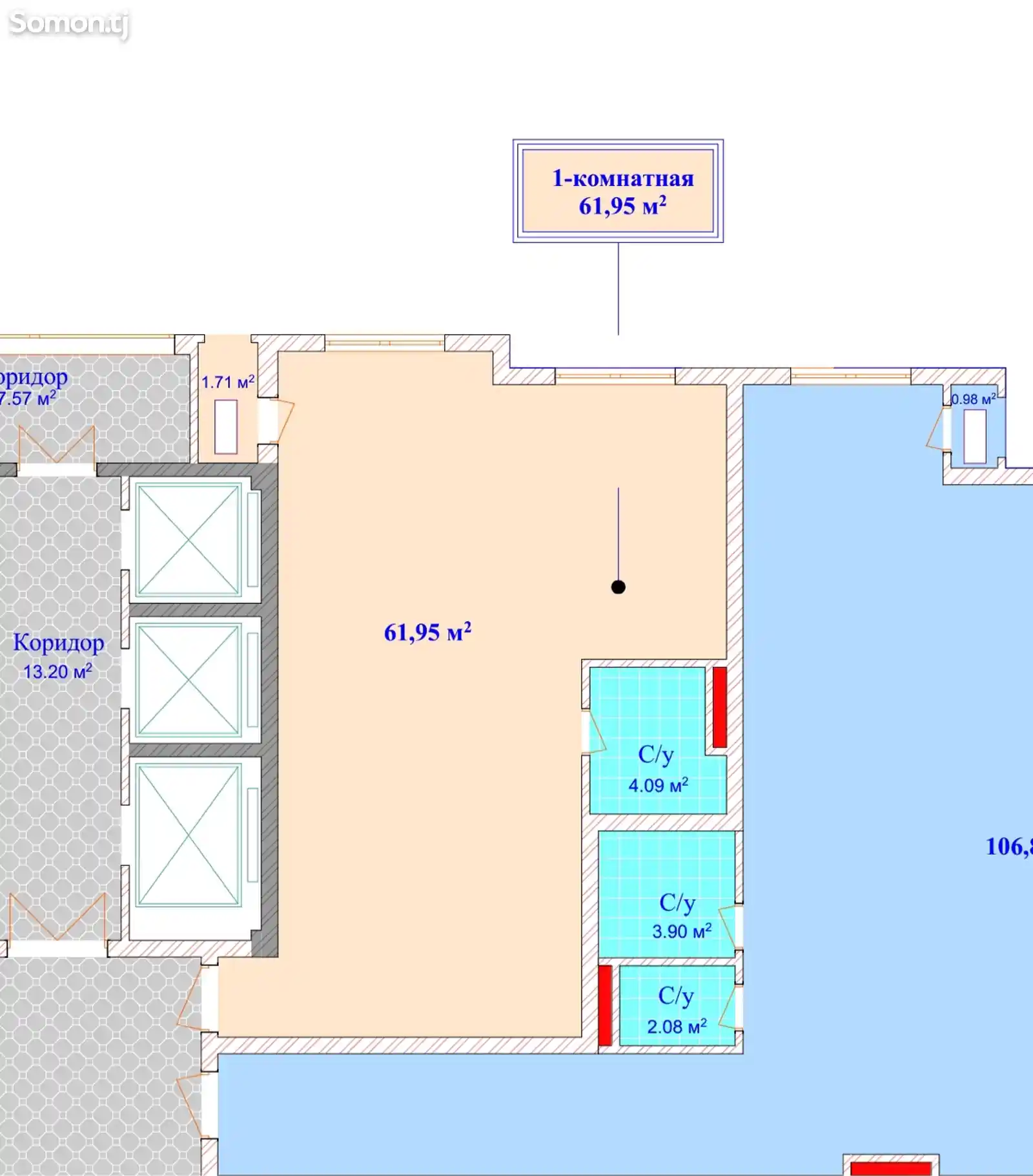 1-комн. квартира, 9 этаж, 62 м², Старый Аэропорт-6