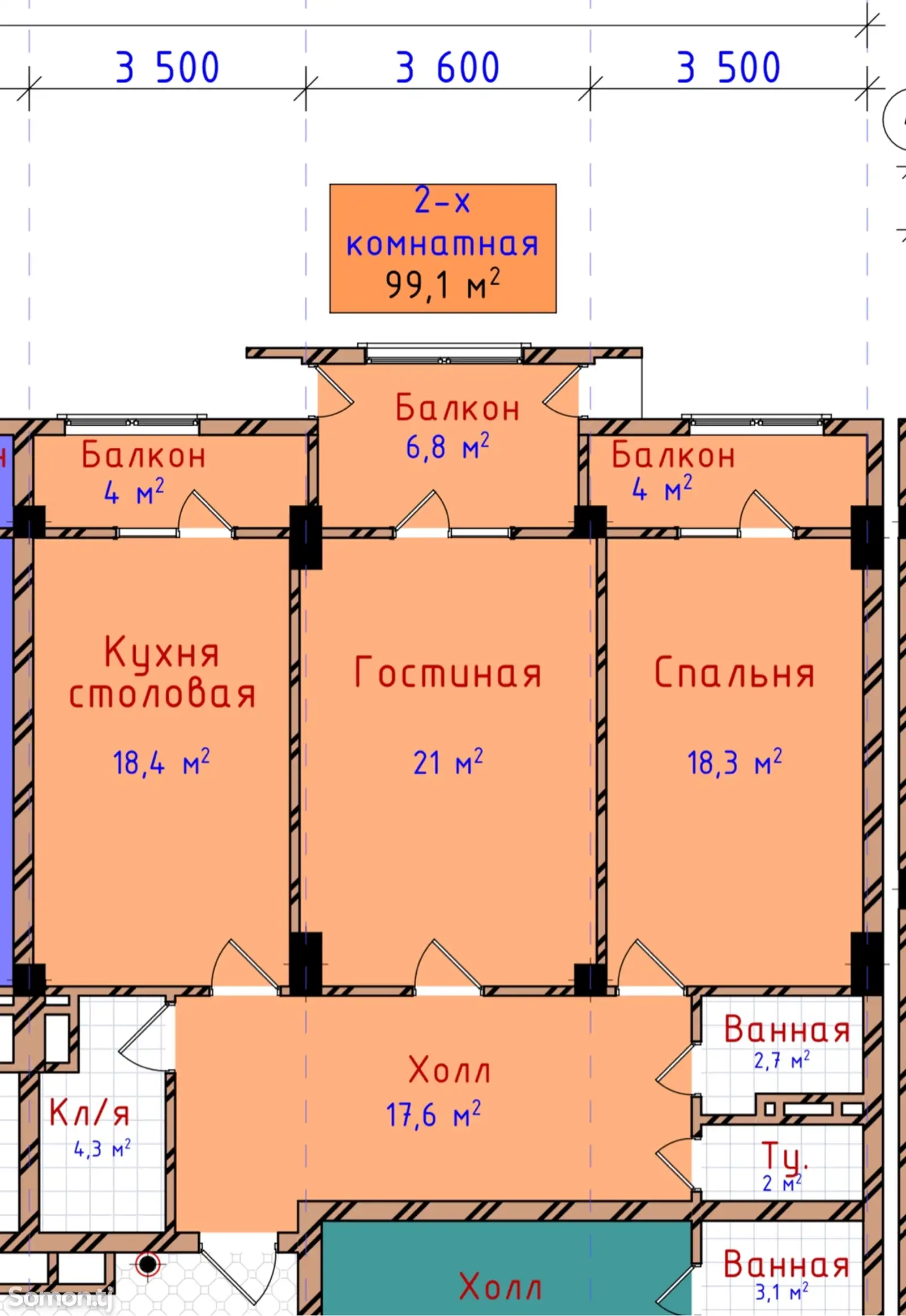 3-комн. квартира, 5 этаж, 99 м², Улица Карамова 13, Северная, Района Исмоили Сомони-8