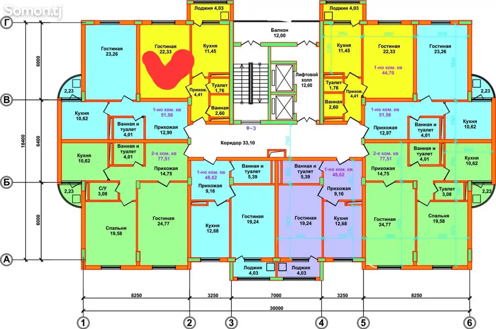 1-комн. квартира, 9 этаж, 47 м², Панчшанбе, ул.Шарк 40а-3