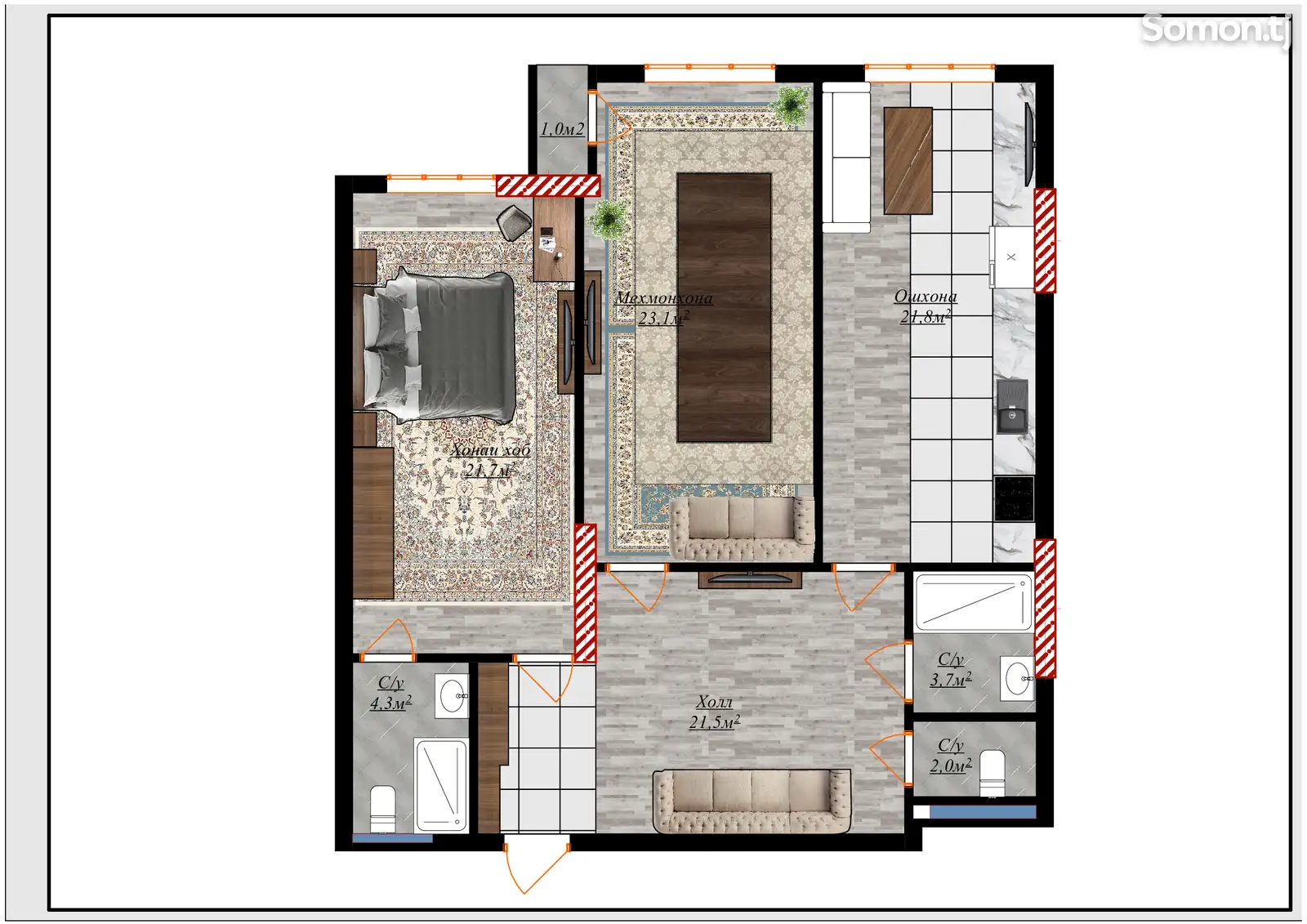 2-комн. квартира, 4 этаж, 100 м², Шохмансур-1