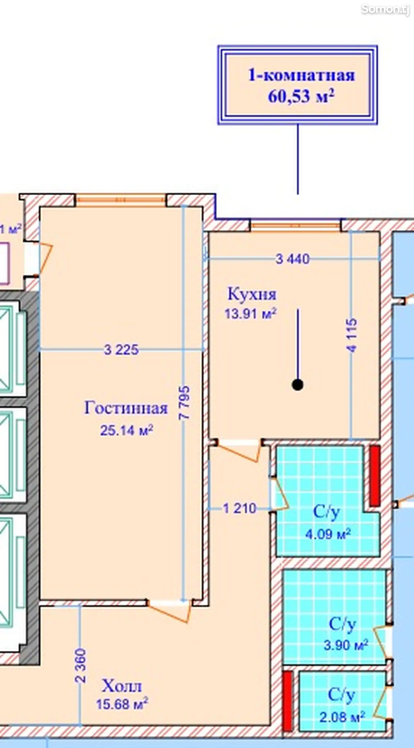 1-комн. квартира, 10 этаж, 62 м², Шохмансур-4