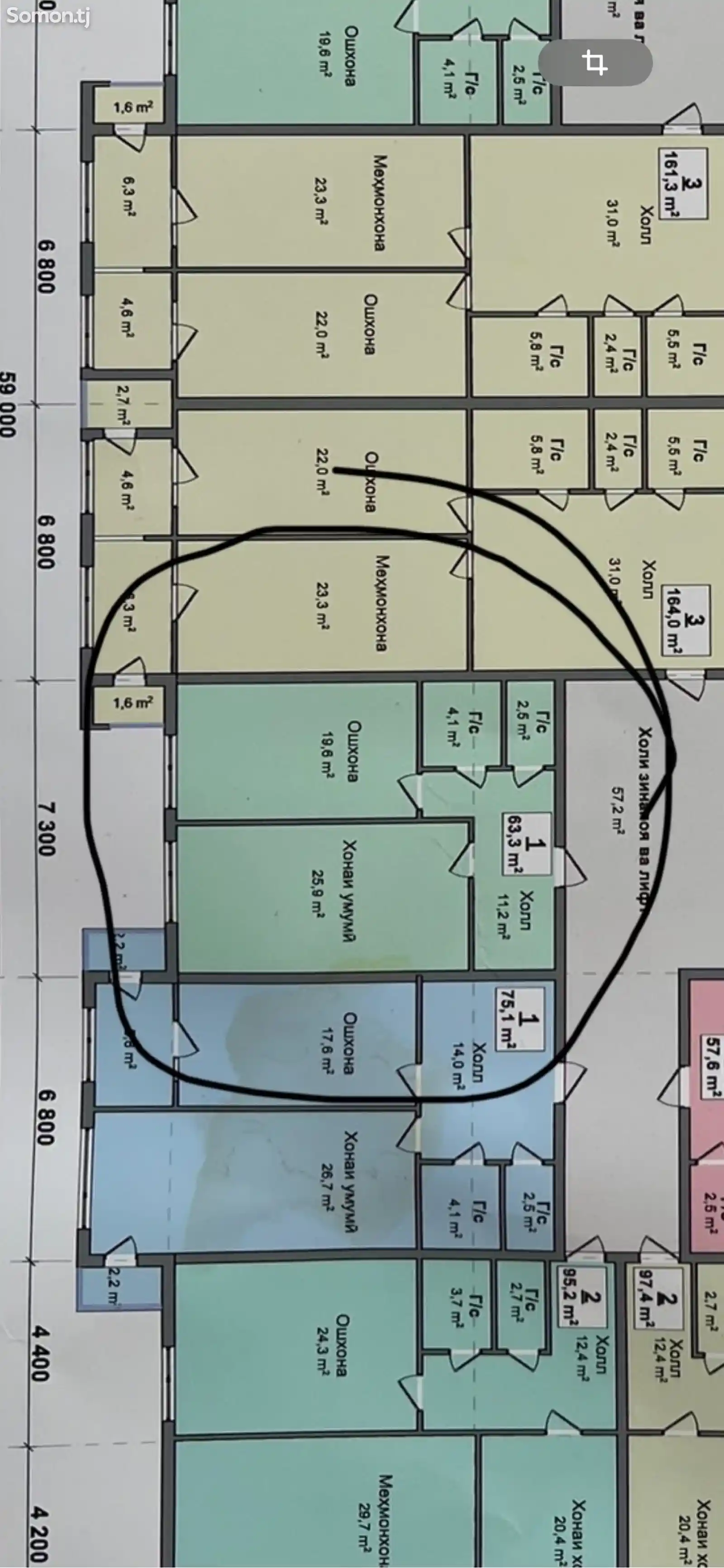 1-комн. квартира, 10 этаж, 63 м², Шохмансур-1