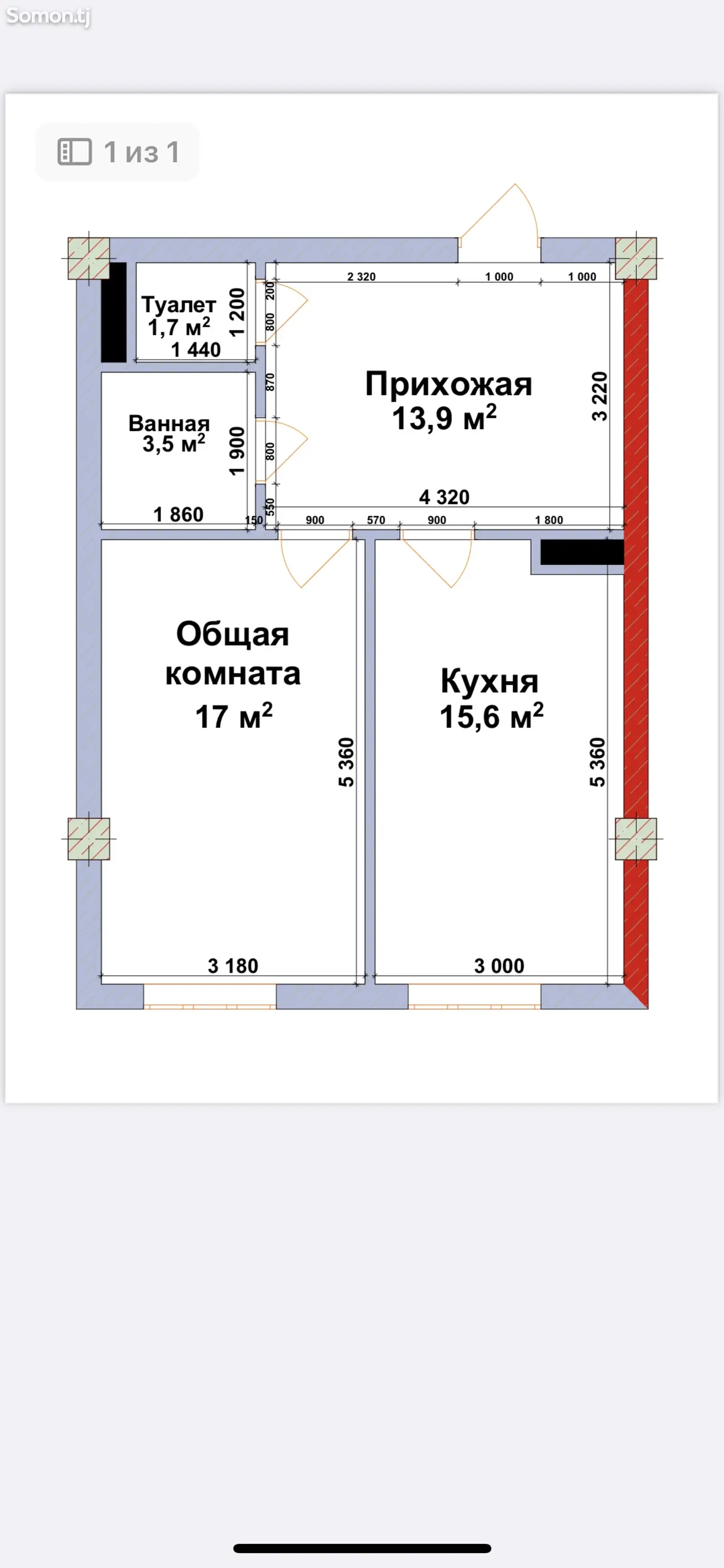 1-комн. квартира, 14 этаж, 51 м², Шохмансур