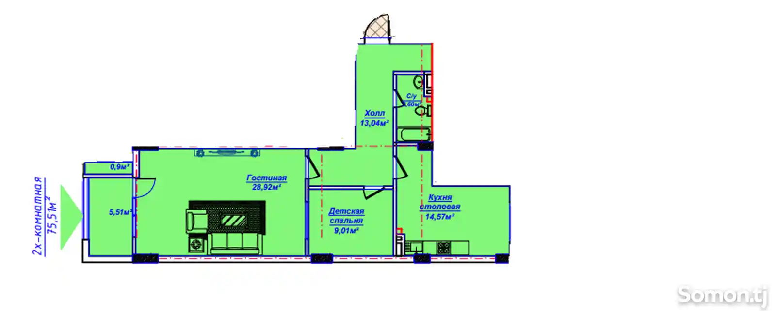 2-комн. квартира, 4 этаж, 75 м², Сино-3