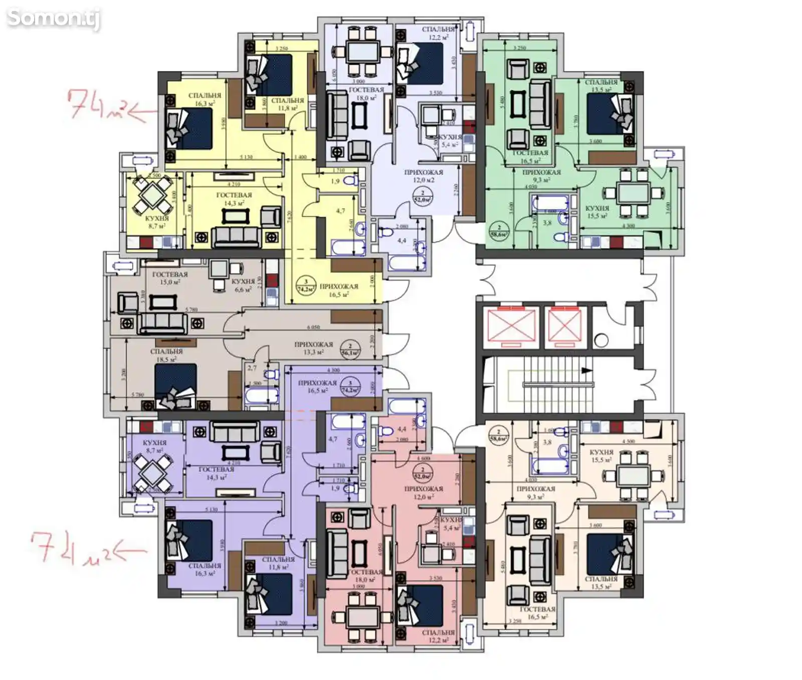 2-комн. квартира, 9 этаж, 75 м², Гулистон - Цирк-3