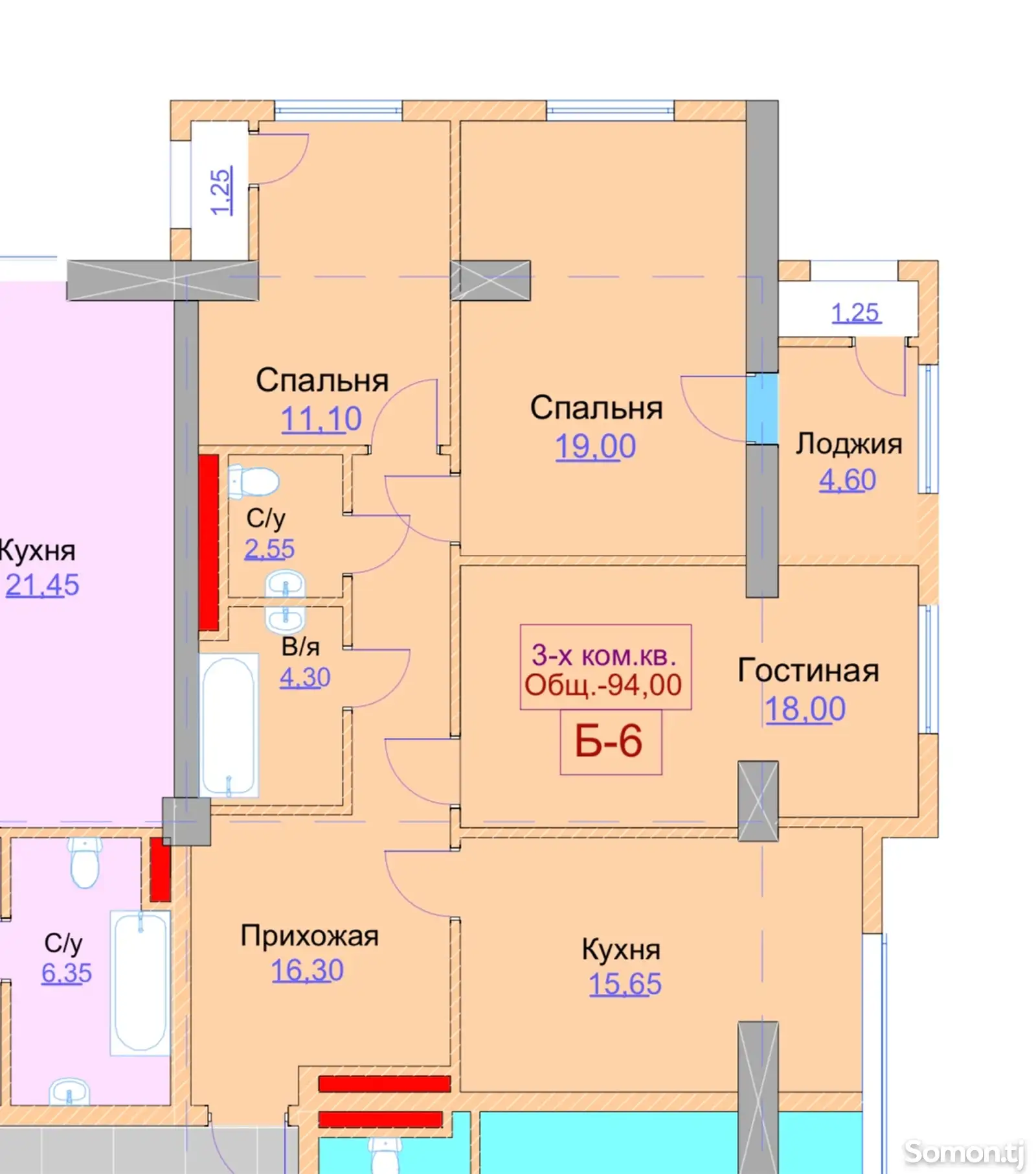 3-комн. квартира, 13 этаж, 94 м², Шохмансур-2