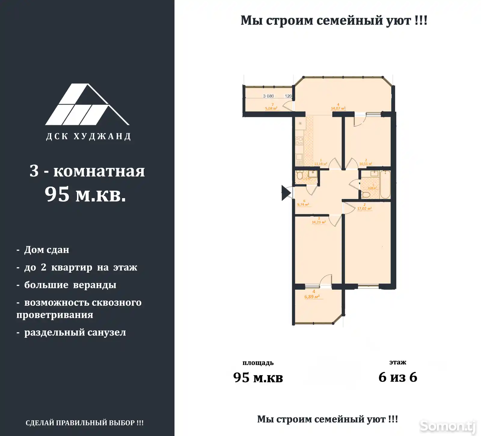 3-комн. квартира, 6 этаж, 95 м², 29 микрорайон-6