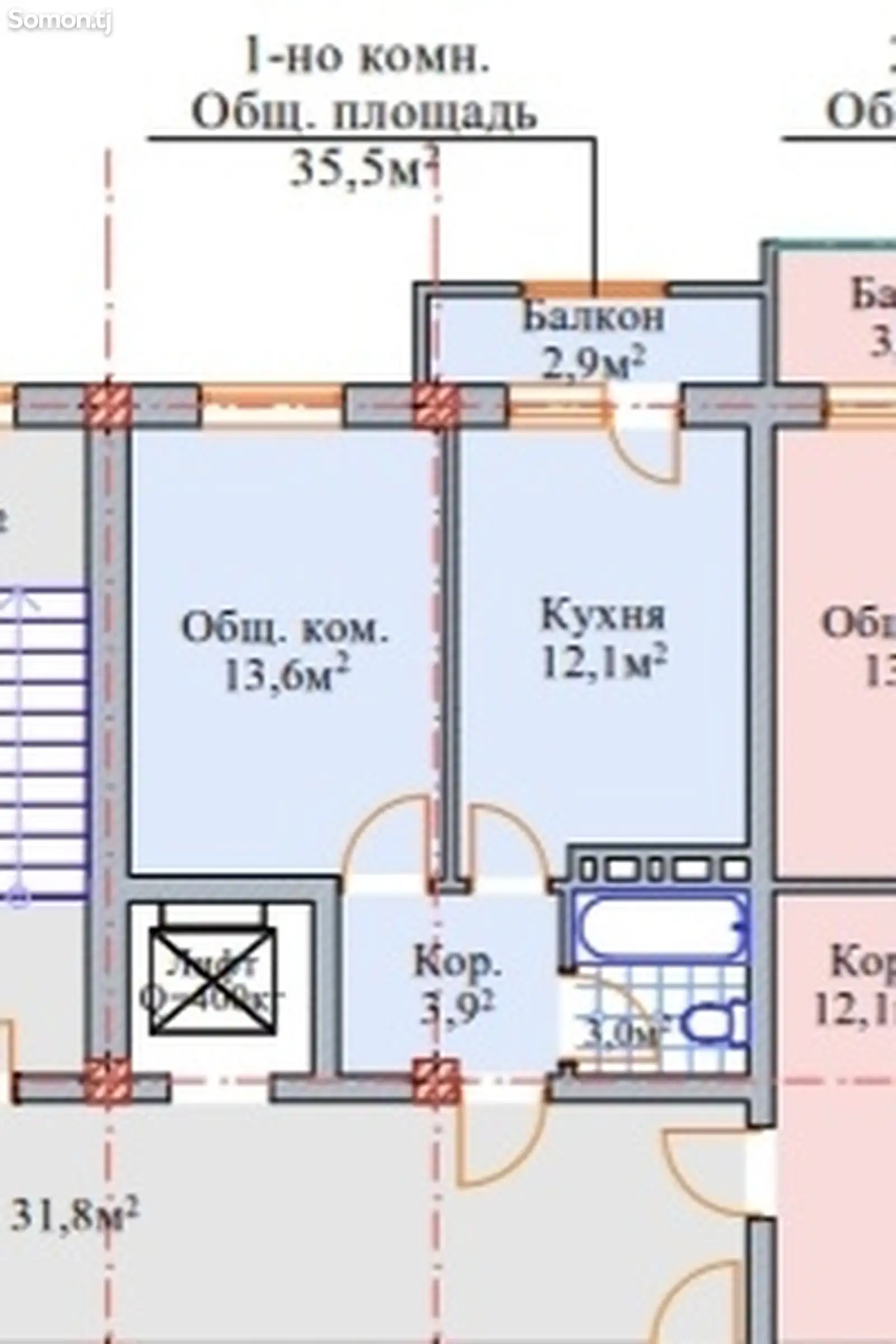 1-комн. квартира, 8 этаж, 36 м², Шабчароғ