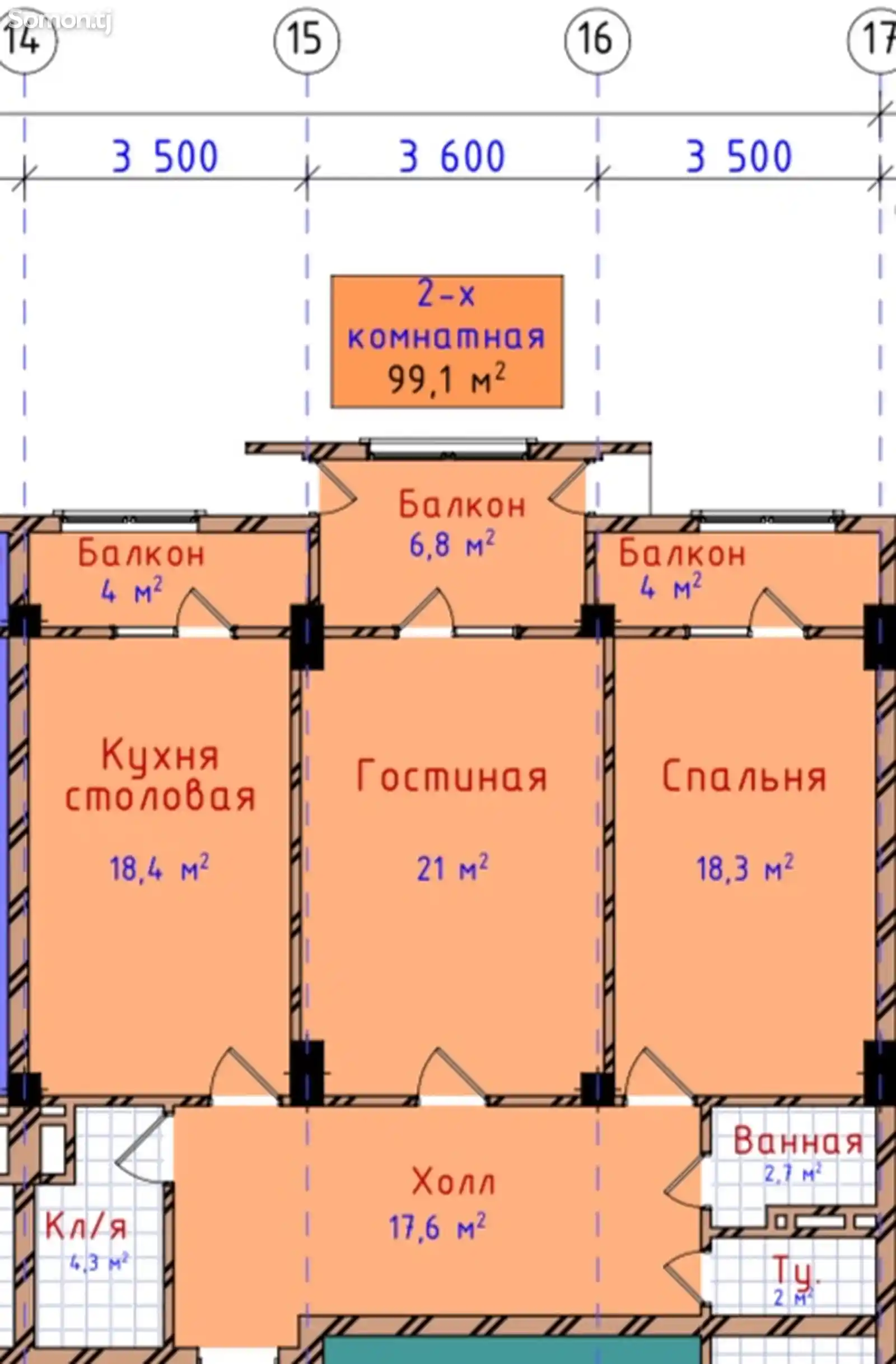 2-комн. квартира, 4 этаж, 104 м², Исмоили Сомони -9