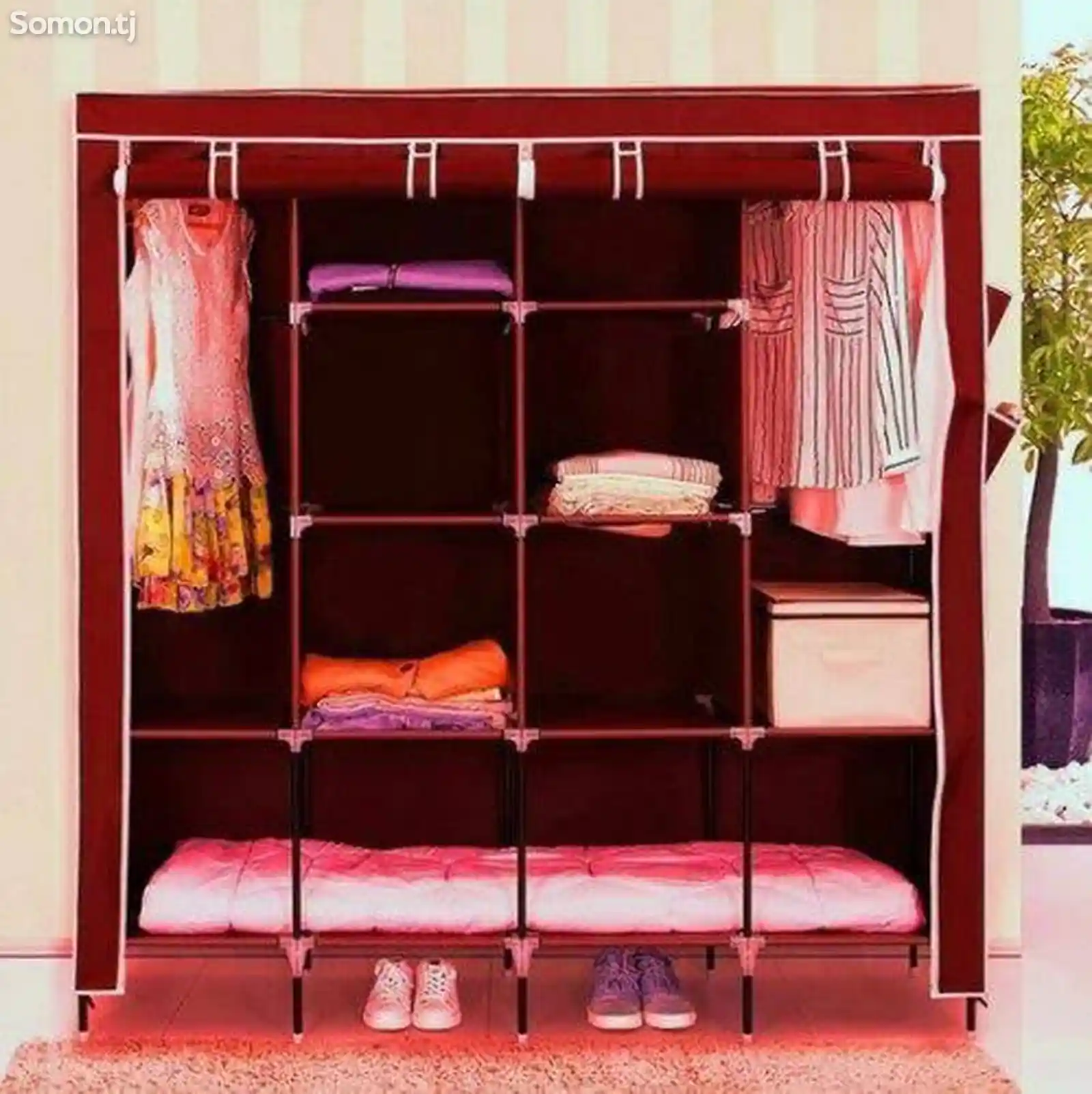Складной шкаф Каркасный Тканевый Storage Wardrobe для одежды, бордовый-2