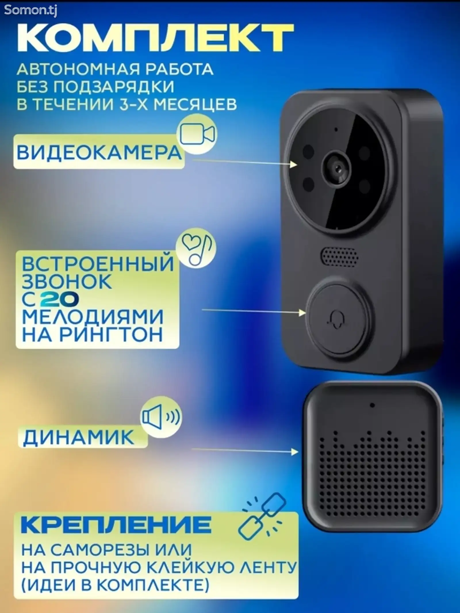 Умный беспроводной видеоглазок Mini DOORBELL Wi-Fi управление V.1.4.датчик движ