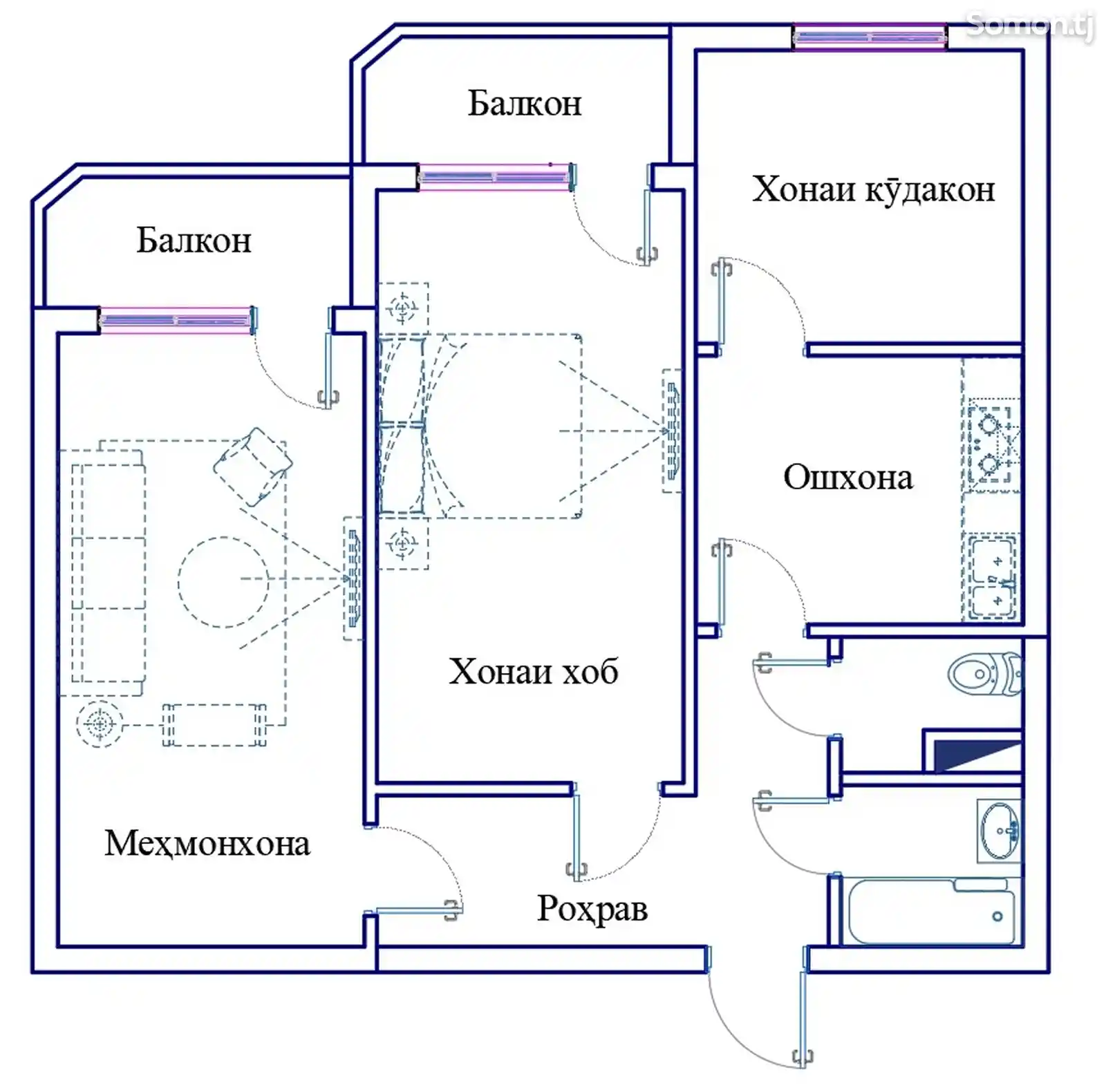 3-комн. квартира, 4 этаж, 72 м², Шохмансур-2