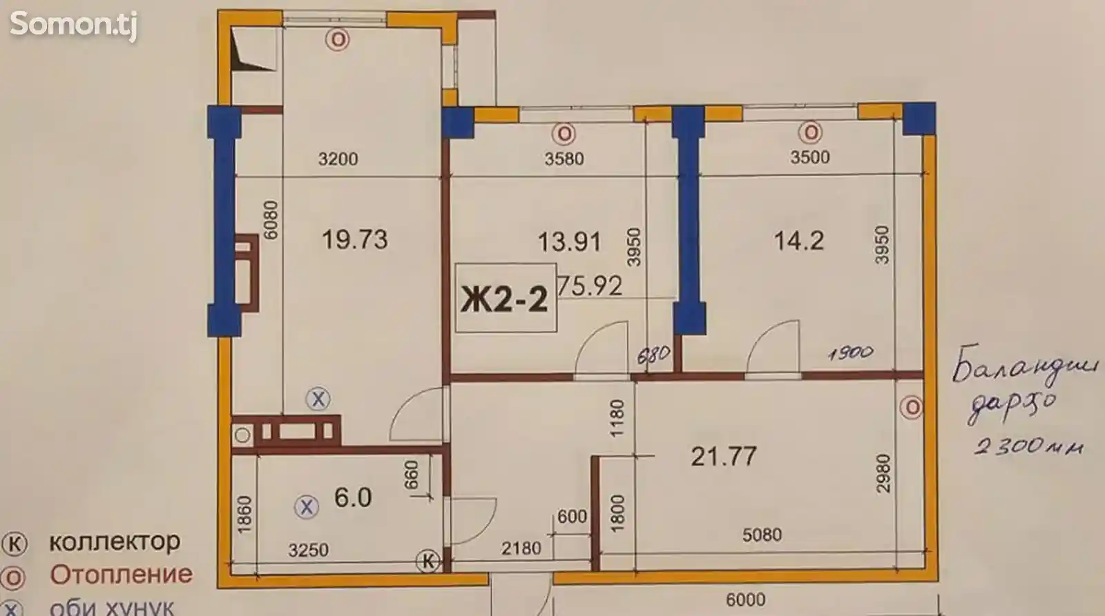 3-комн. квартира, 5 этаж, 76 м², Шохмансур-14