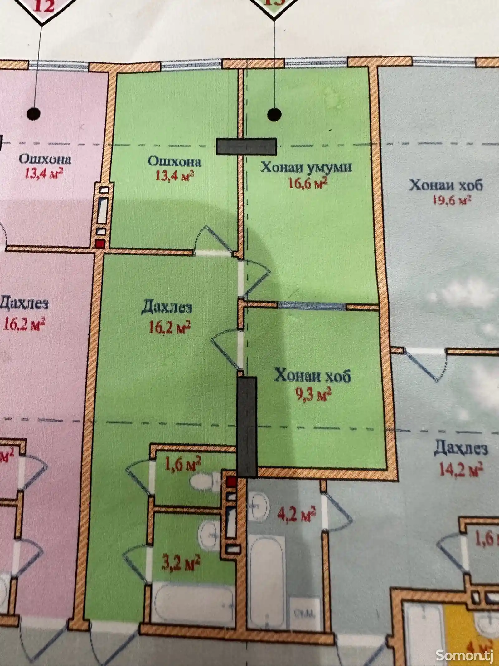 2-комн. квартира, 3 этаж, 60 м², назди хукумат-2