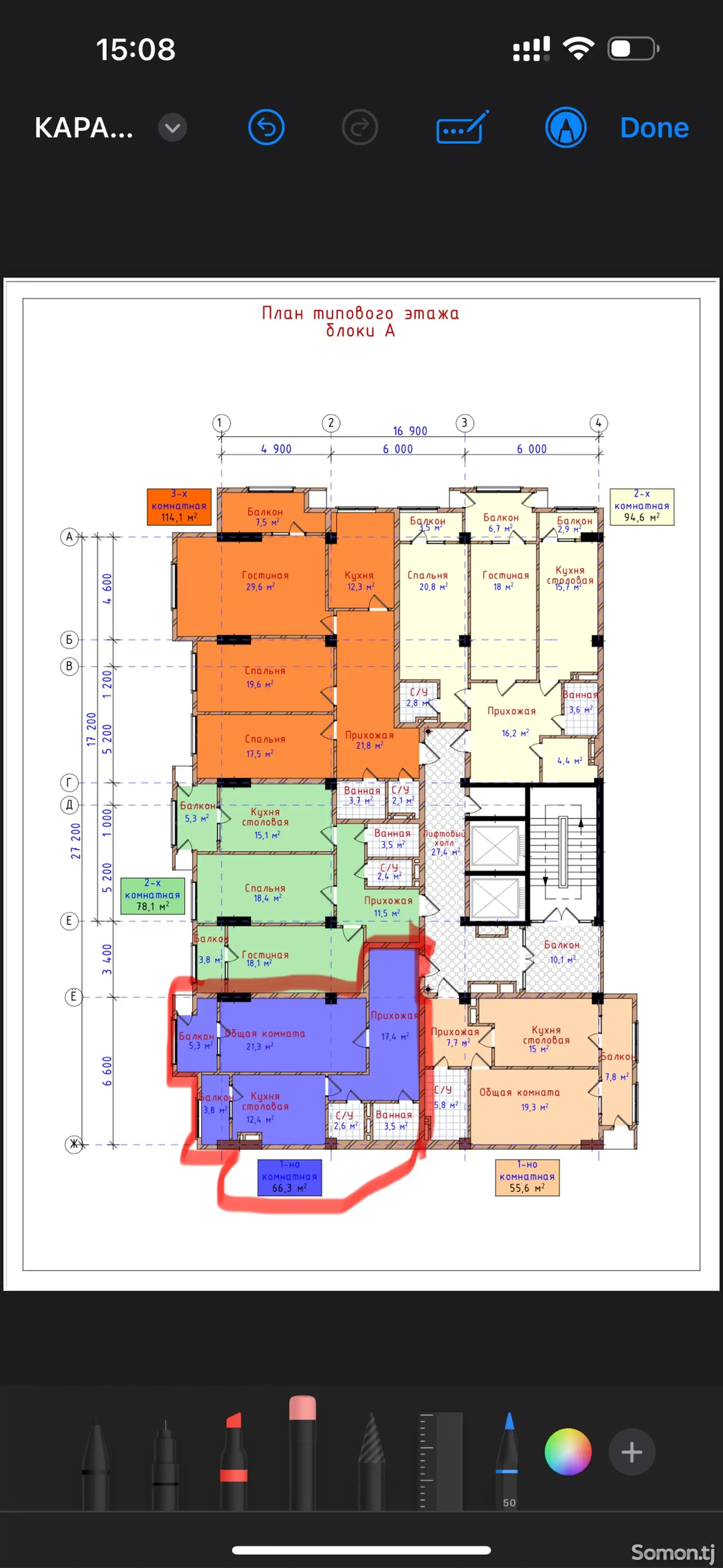 1-комн. квартира, 10 этаж, 66 м², И.Сомони-1