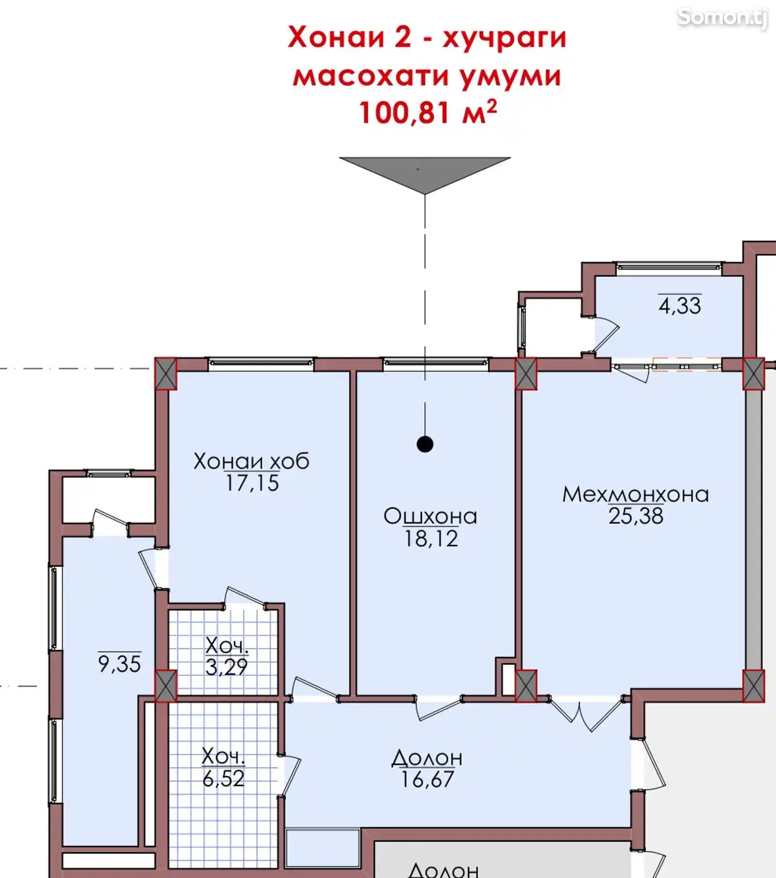 3-комн. квартира, 12 этаж, 100 м², Шохмансур-5