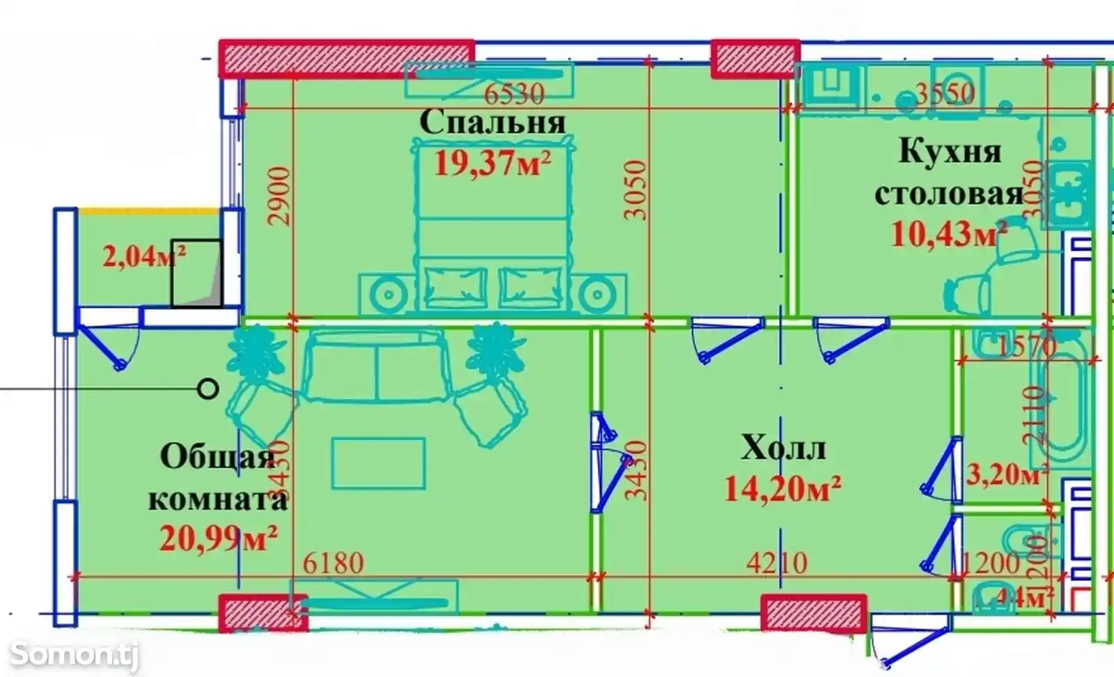 2-комн. квартира, 10 этаж, 72 м², Сино-11