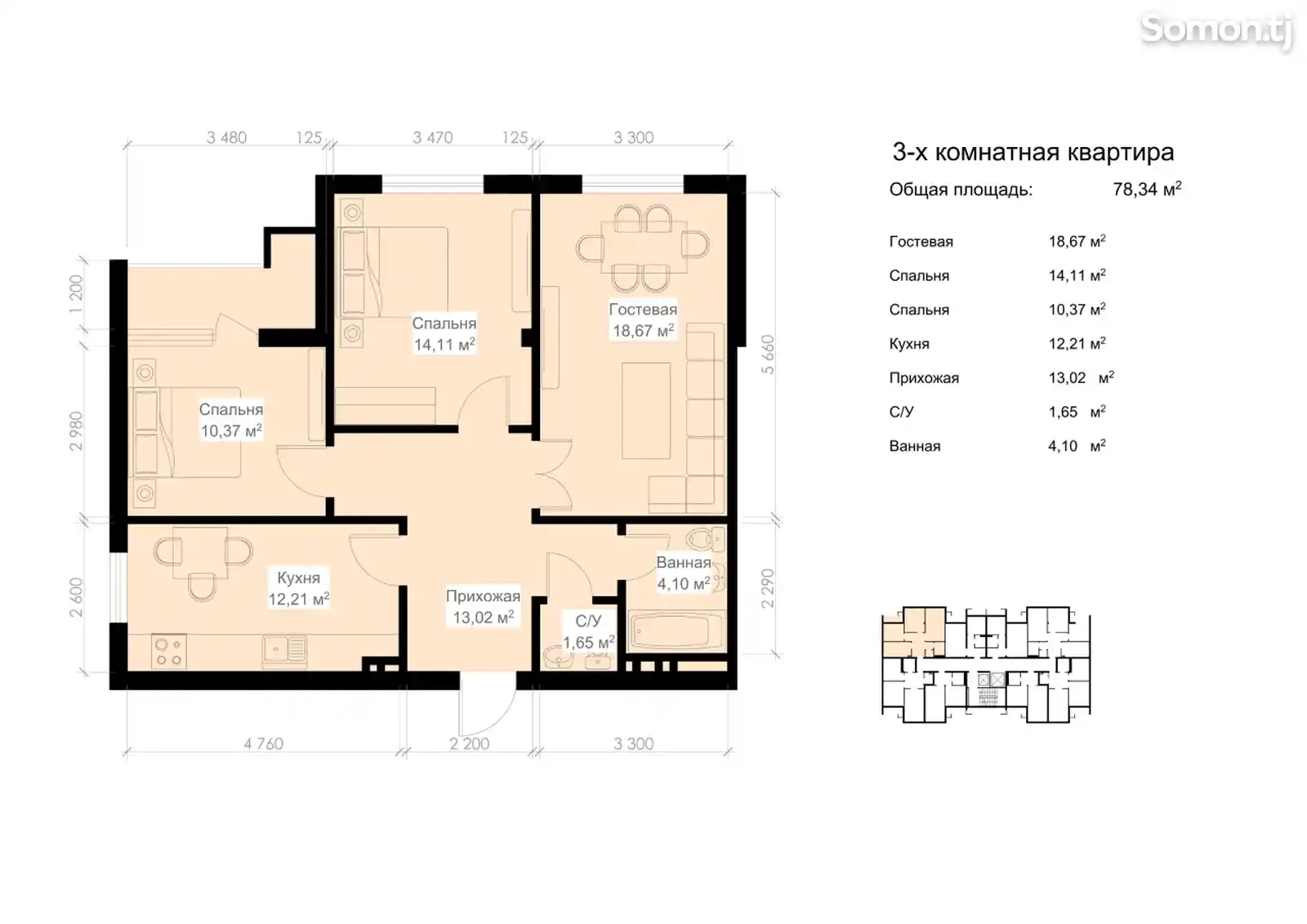 3-комн. квартира, 5 этаж, 78 м², 20 мкр-4