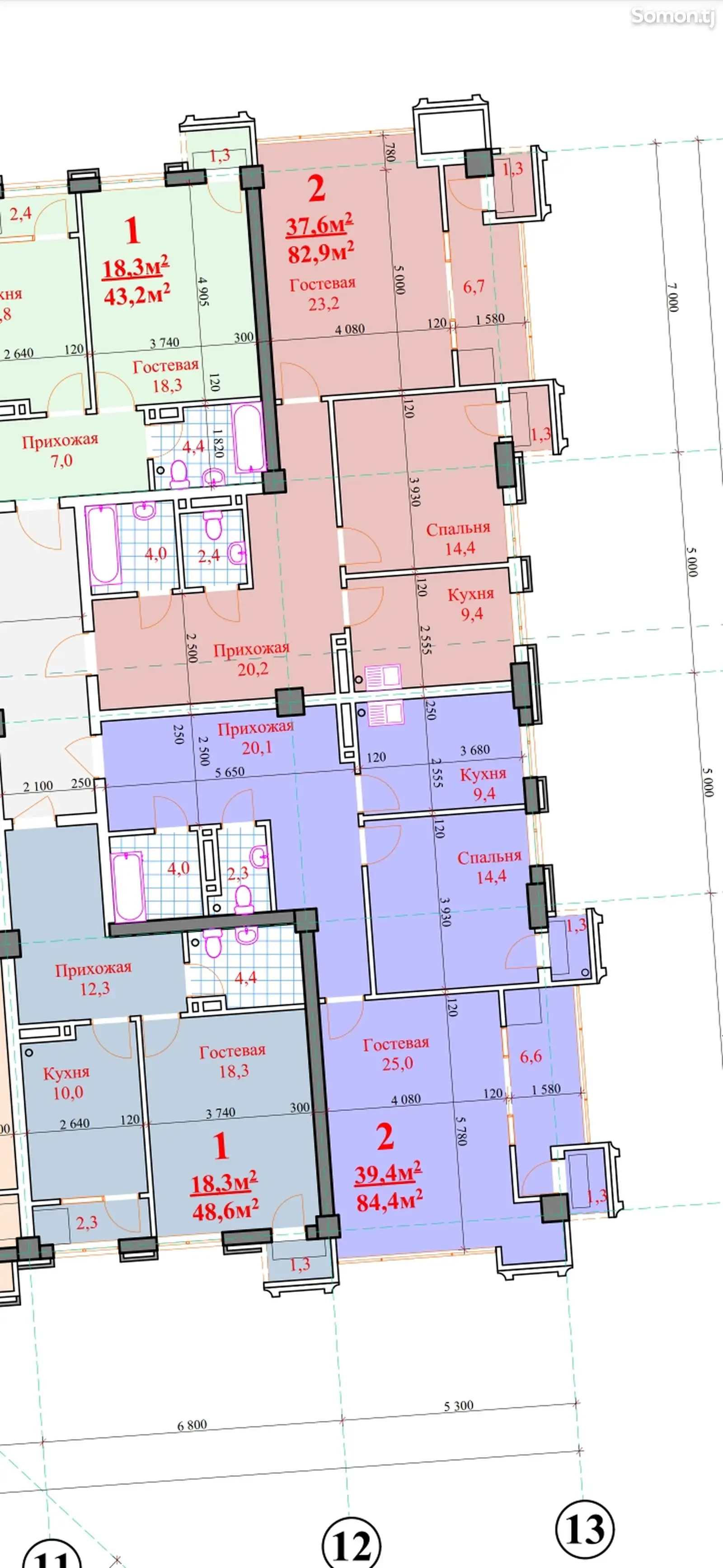 2-комн. квартира, 10 этаж, 84 м², Сомони-2