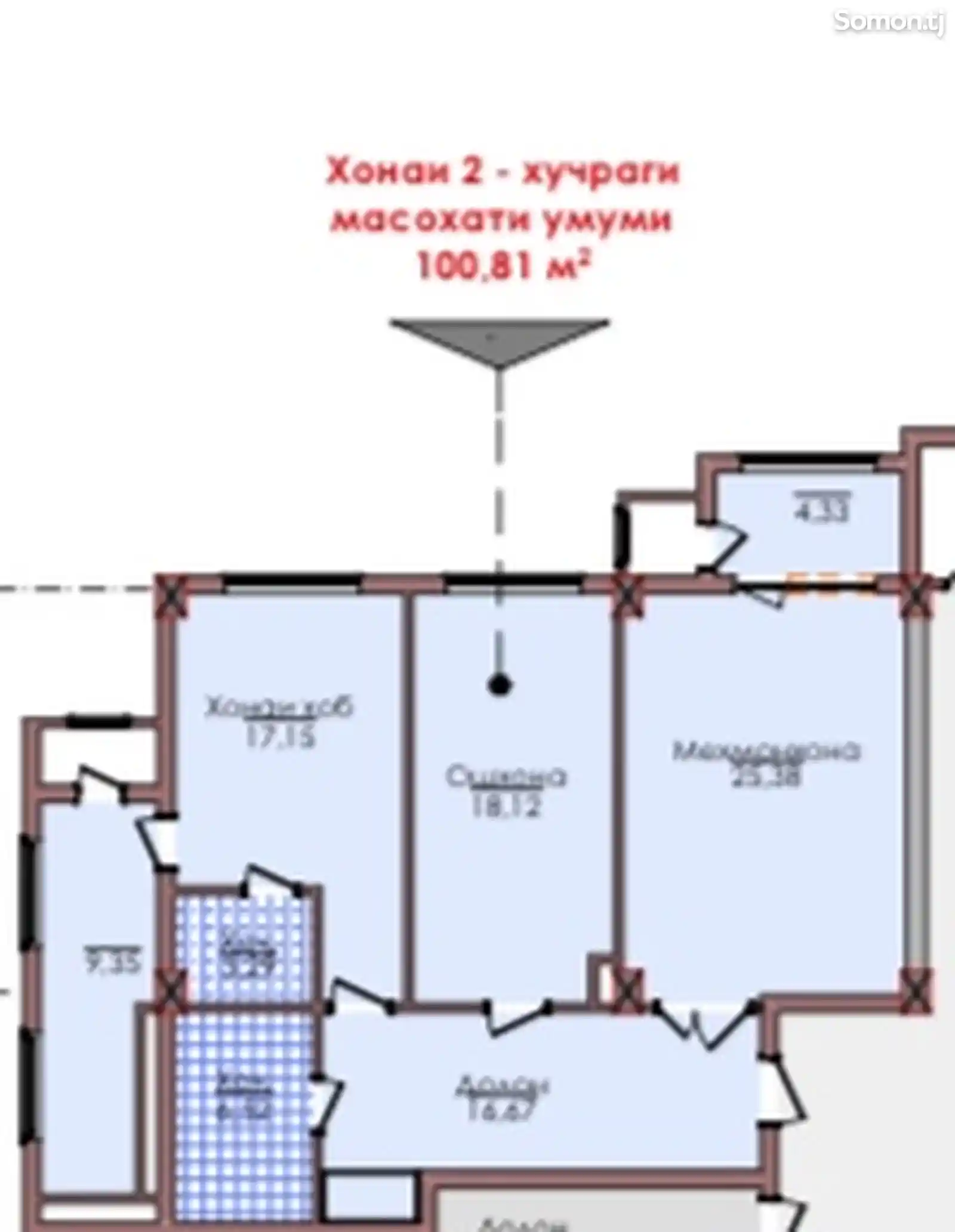 2-комн. квартира, 13 этаж, 100 м², Шохмансур-12