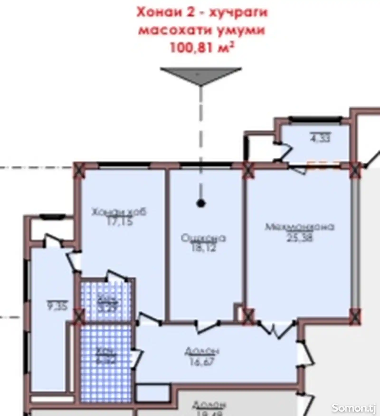 2-комн. квартира, 13 этаж, 100 м², Шохмансур-11