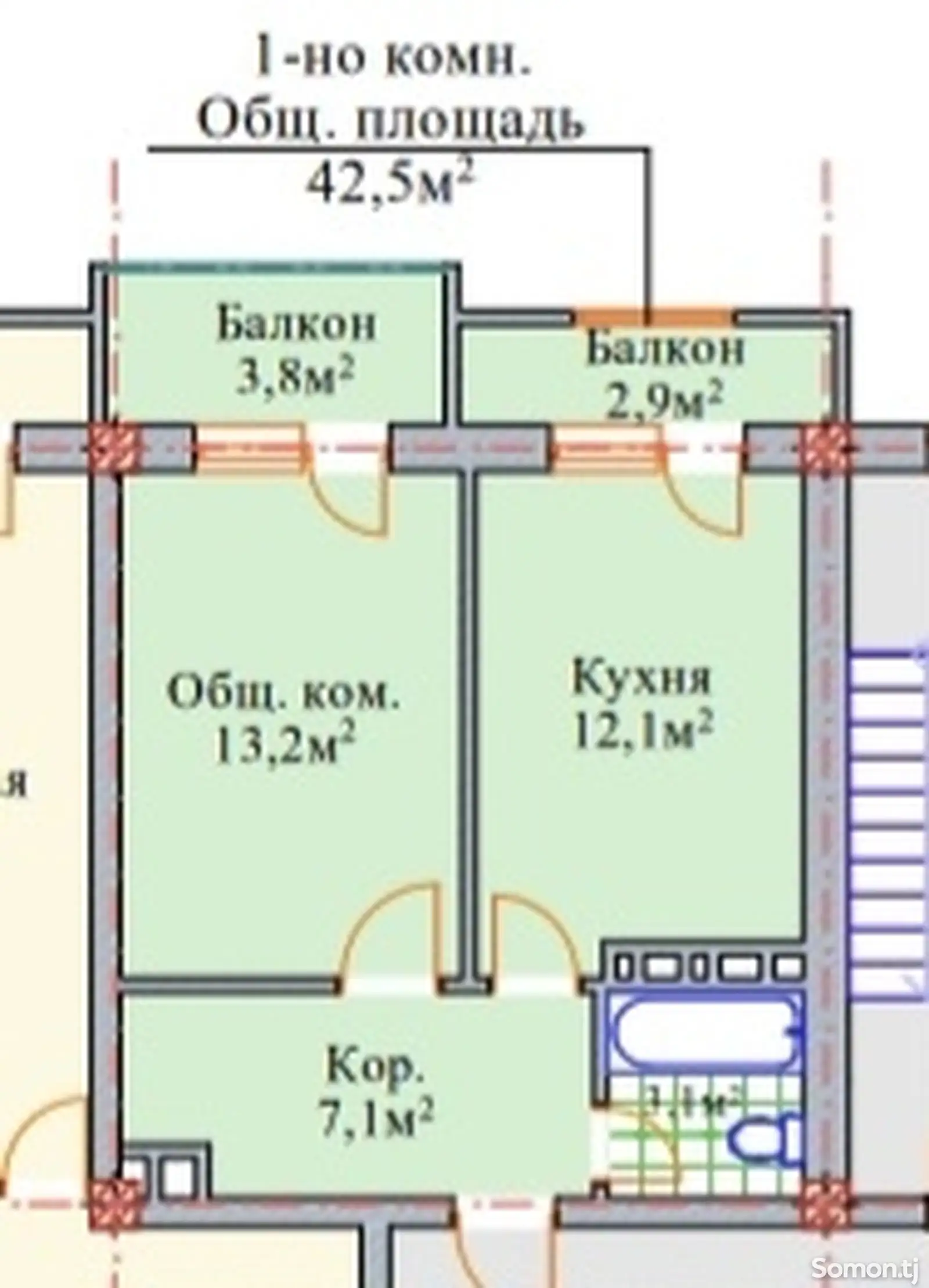 1-комн. квартира, 8 этаж, 43 м², Шабчароғ