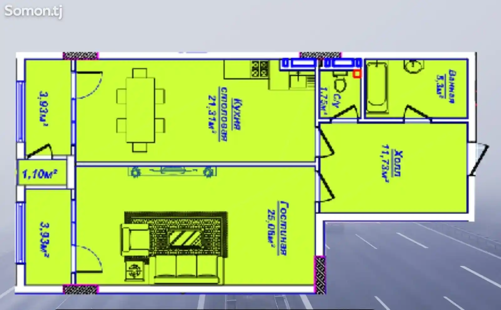 1-комн. квартира, 8 этаж, 74 м², Сино-7