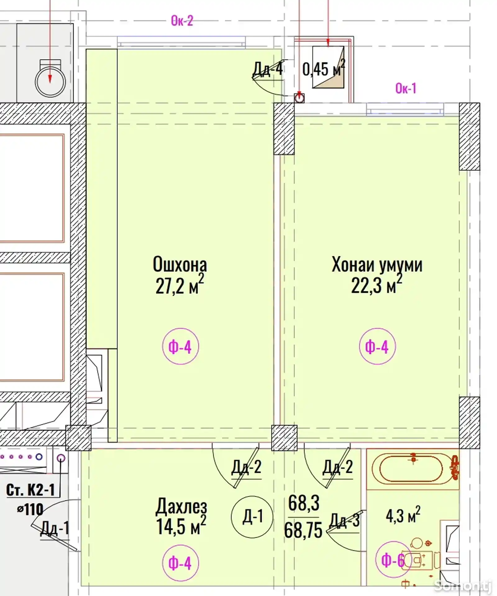 1-комн. квартира, 12 этаж, 68 м², Овир-4